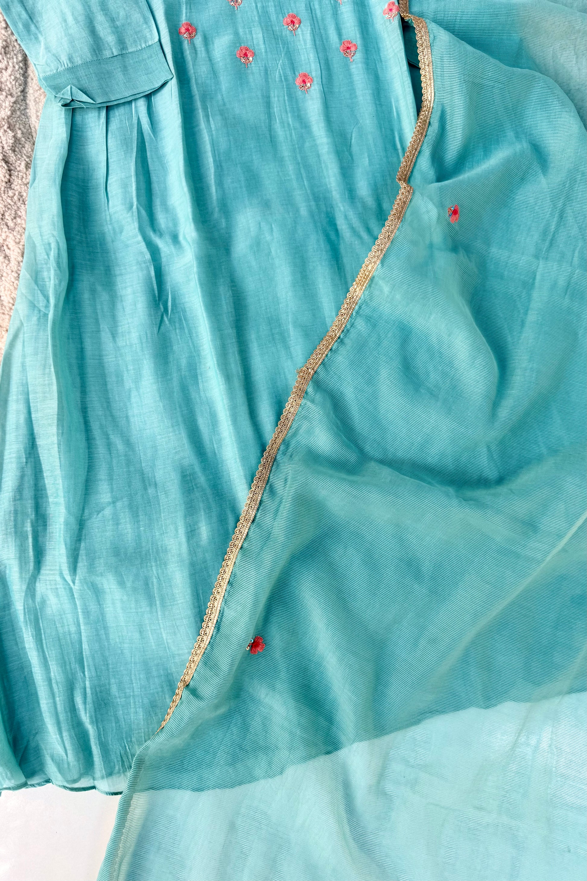 🛍️”Delilah – Premium Aqua Blue Mul Chanderi A Line Kurta Set