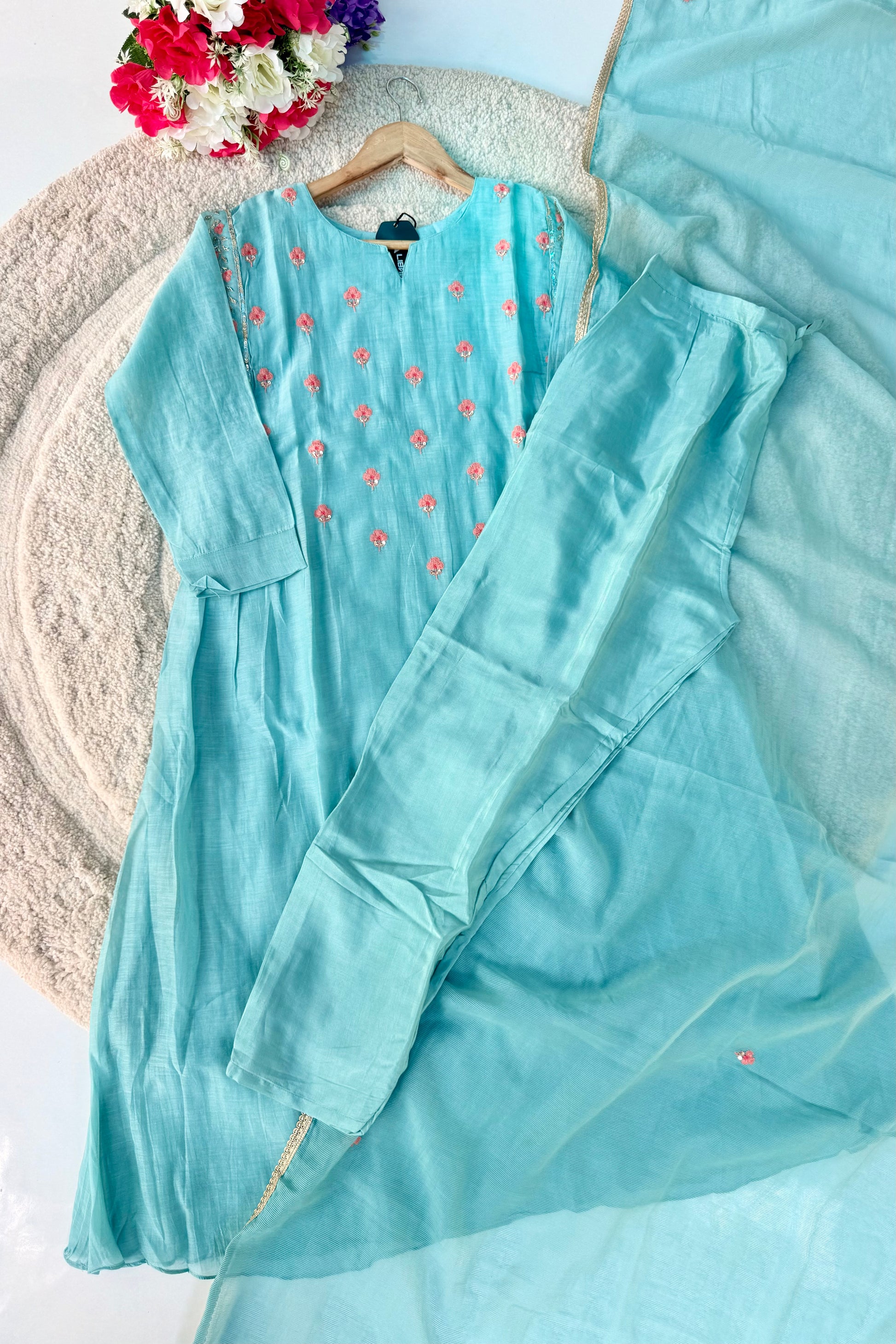 🛍️”Delilah – Premium Aqua Blue Mul Chanderi A Line Kurta Set