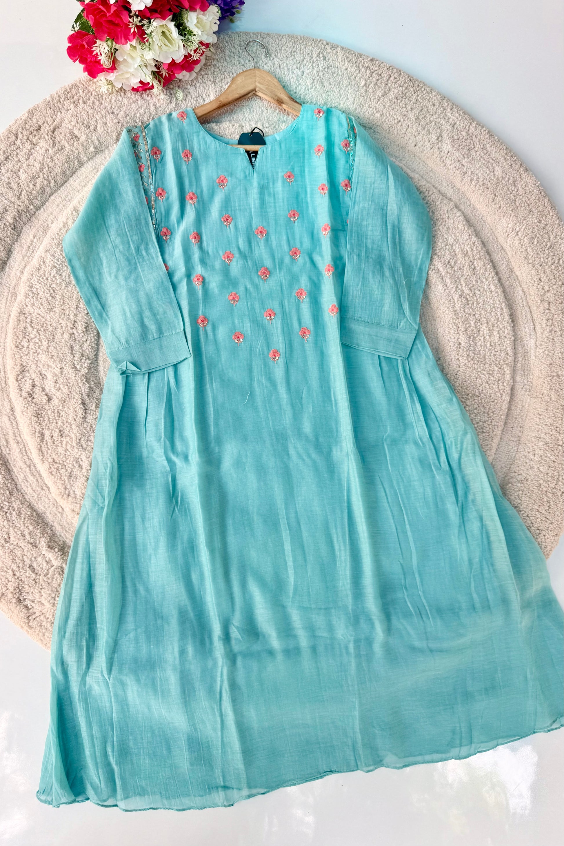 🛍️”Delilah – Premium Aqua Blue Mul Chanderi A Line Kurta Set