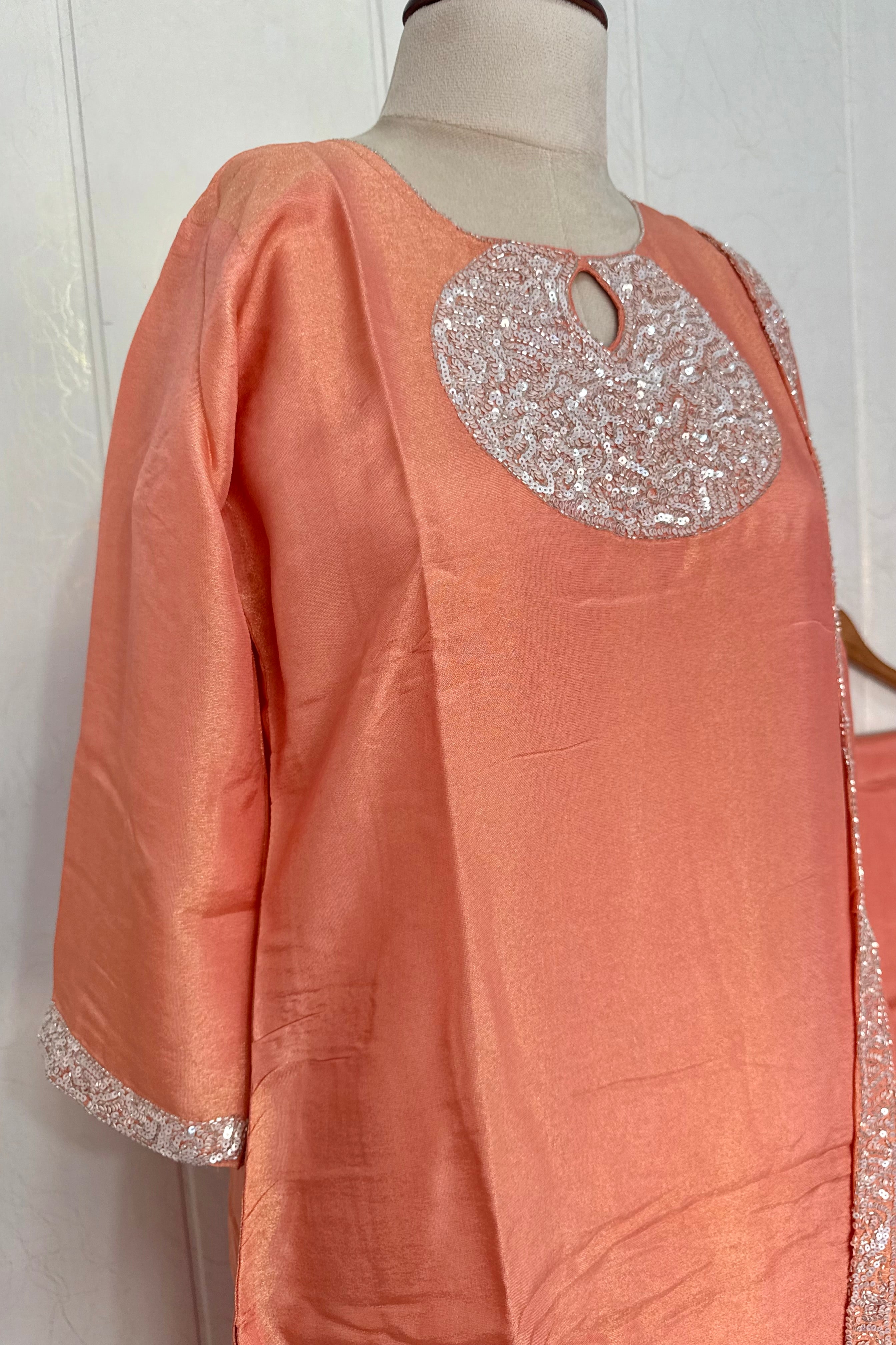 “SHINE” Beautiful Peach with gold tone shimmer tissue kurta set