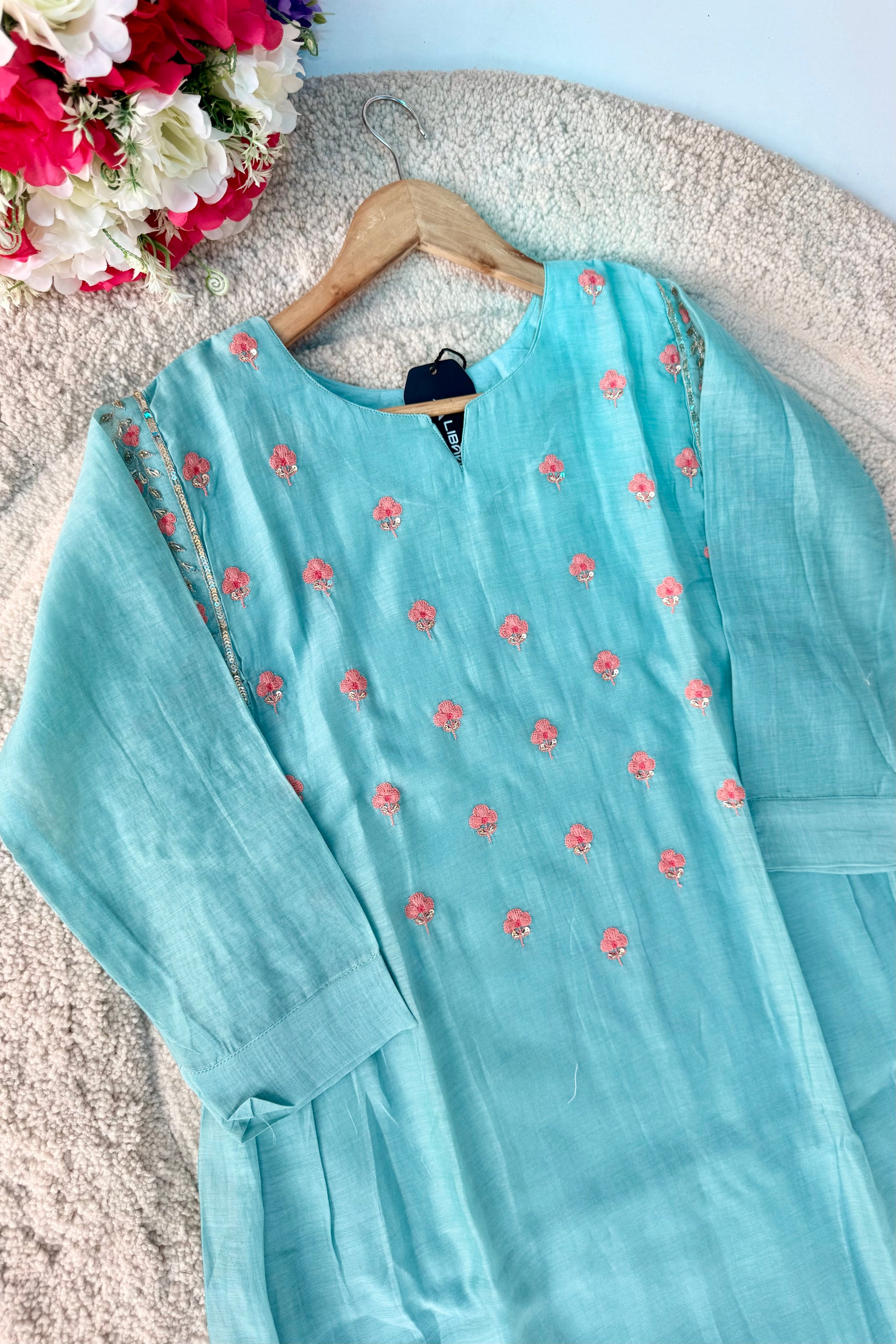 🛍️”Delilah – Premium Aqua Blue Mul Chanderi A Line Kurta Set