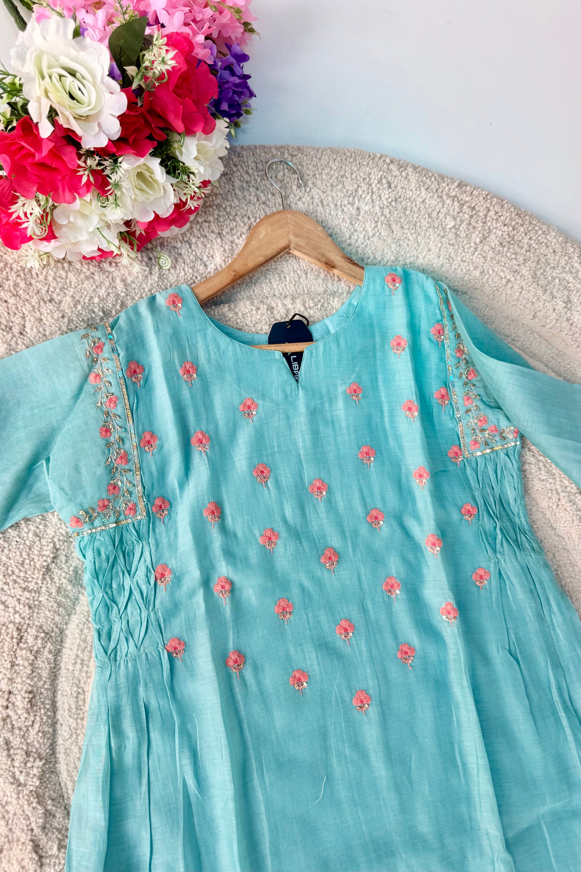 🛍️”Delilah – Premium Aqua Blue Mul Chanderi A Line Kurta Set