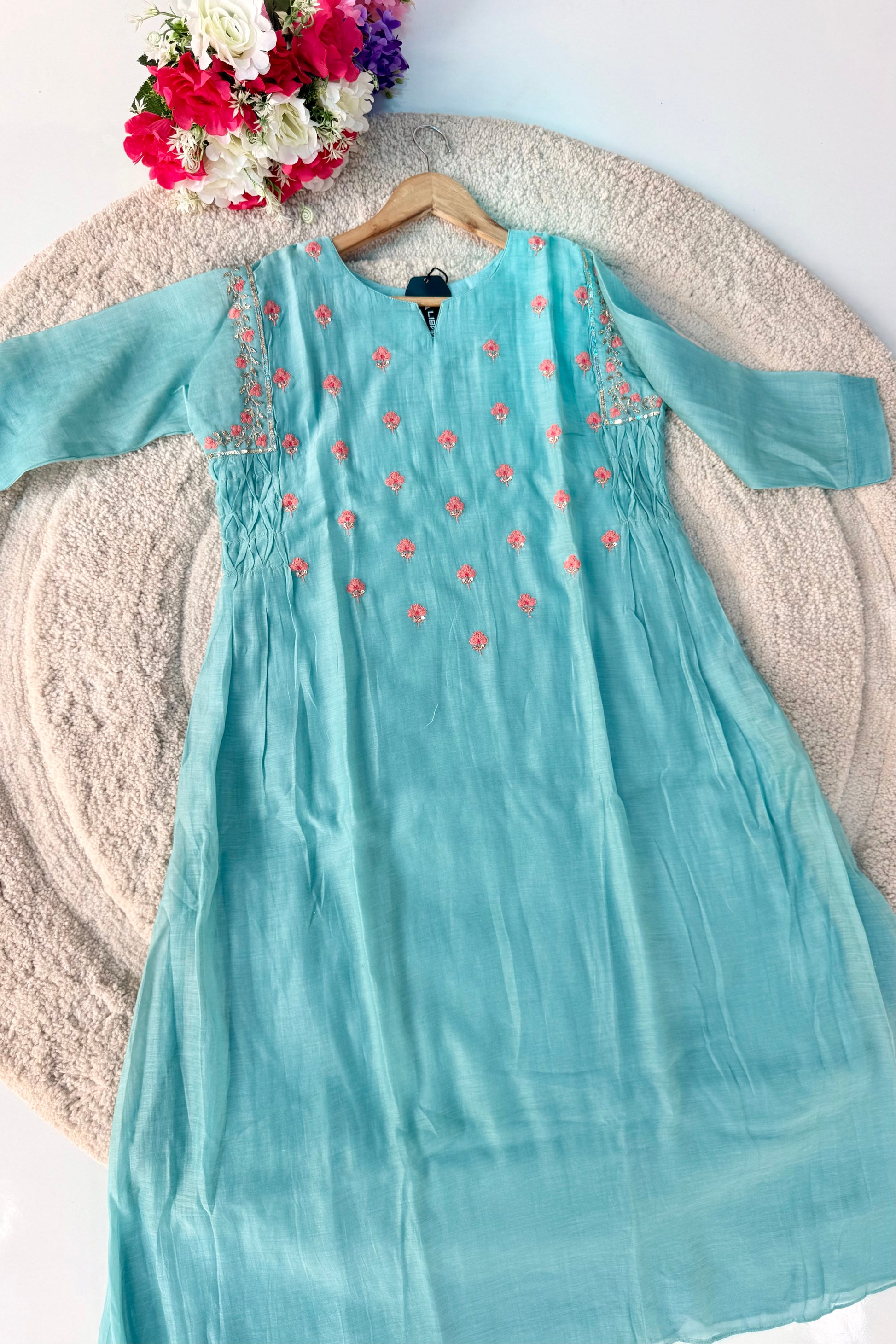 🛍️”Delilah – Premium Aqua Blue Mul Chanderi A Line Kurta Set