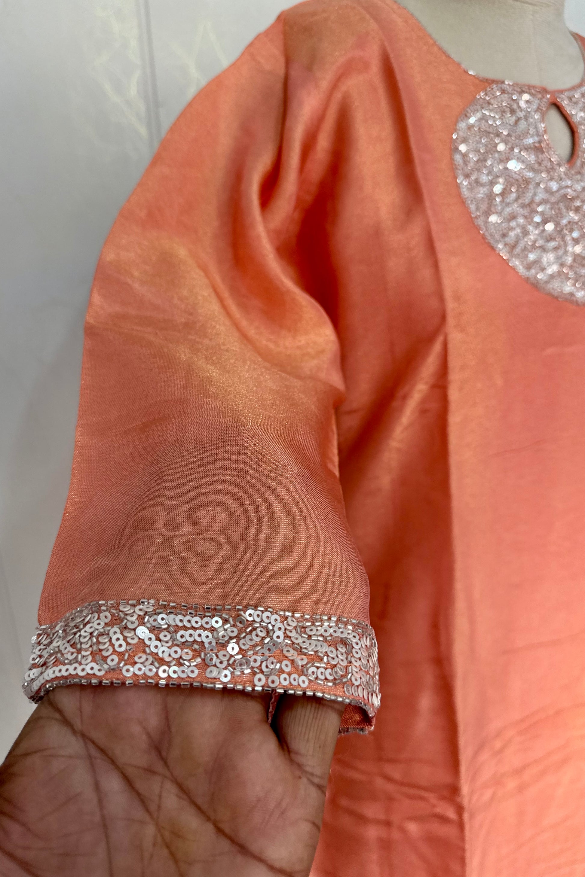 “SHINE” Beautiful Peach with gold tone shimmer tissue kurta set