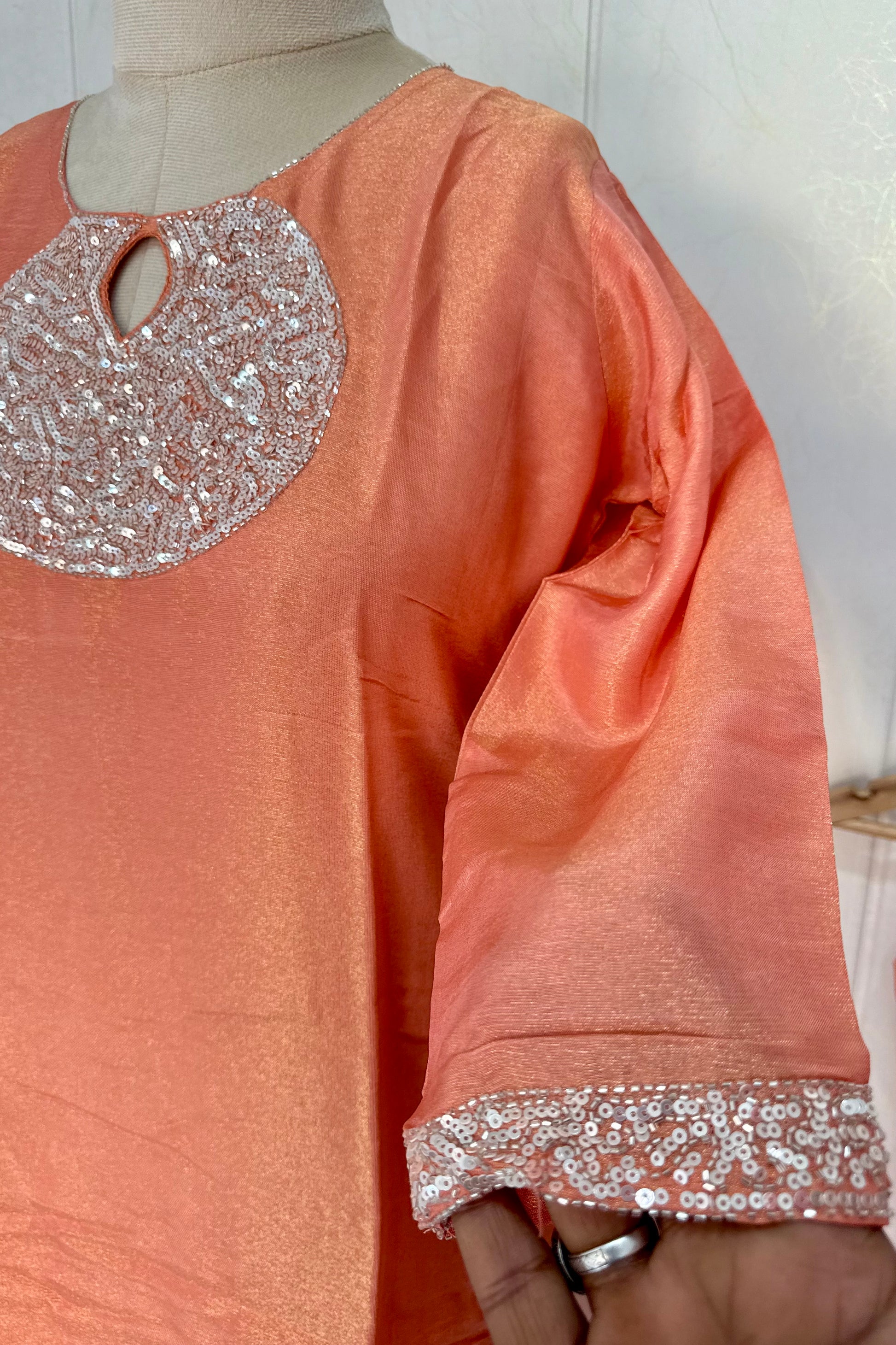 “SHINE” Beautiful Peach with gold tone shimmer tissue kurta set