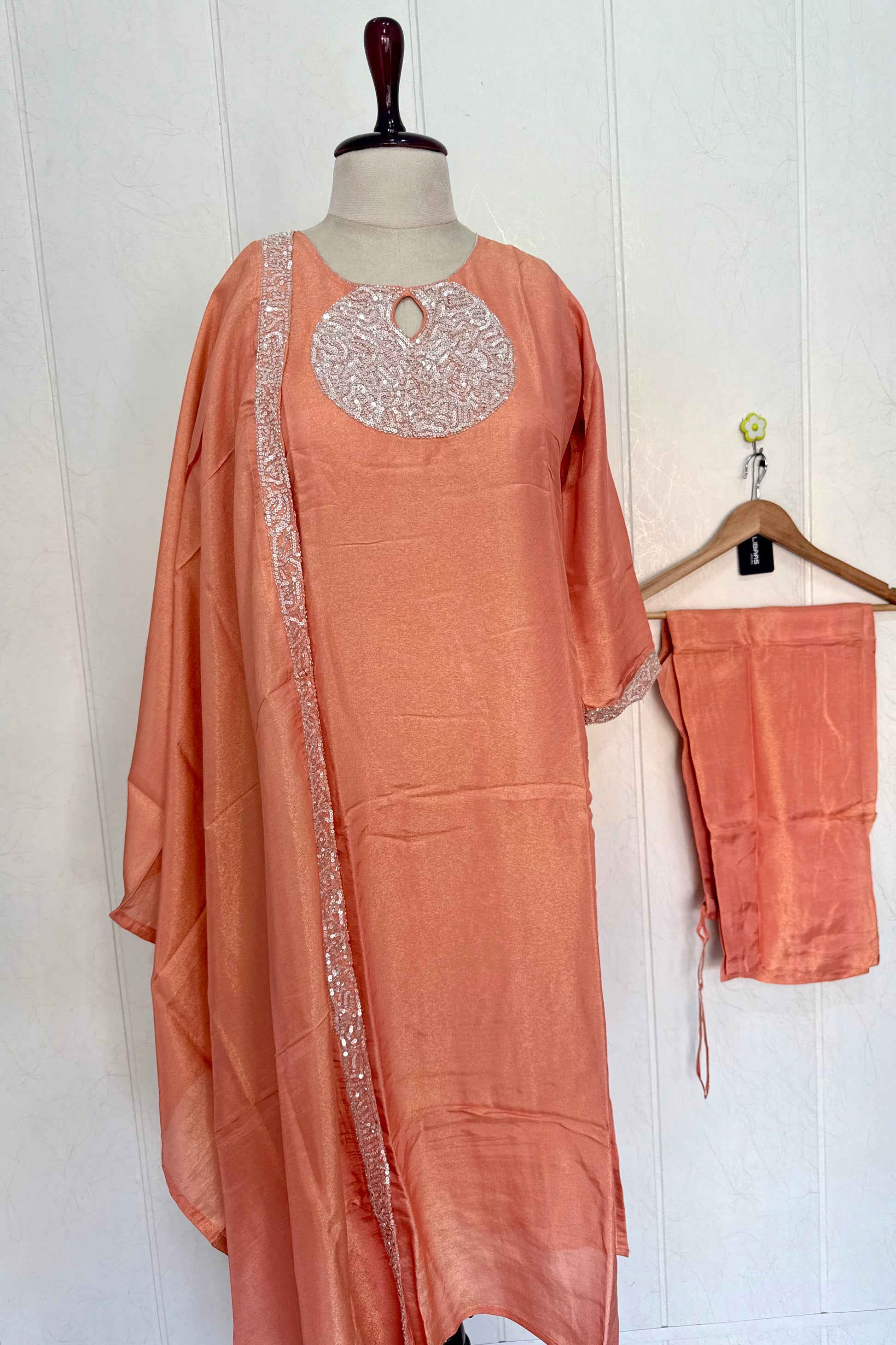 “SHINE” Beautiful Peach with gold tone shimmer tissue kurta set