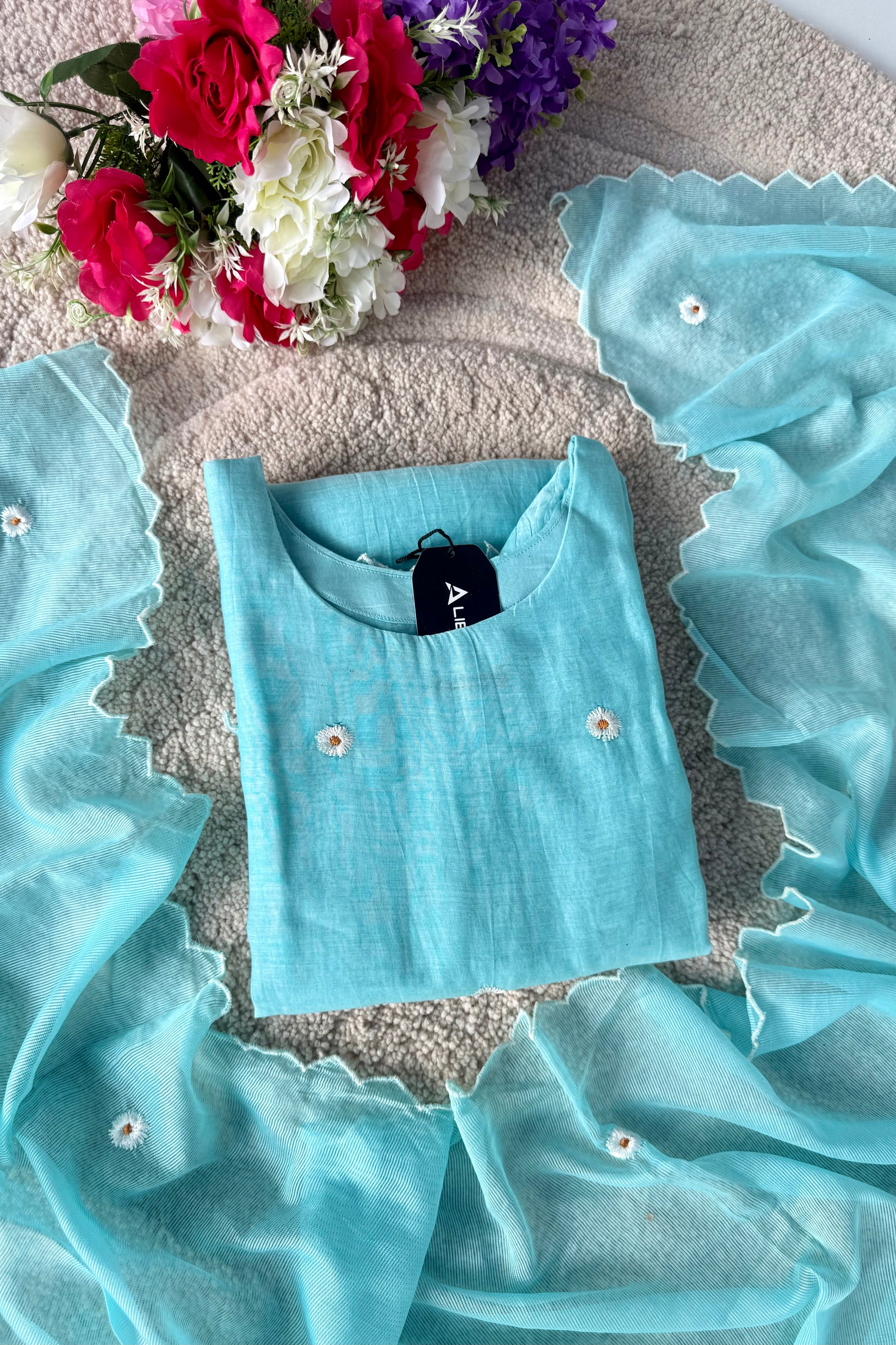 💫Tara – Premium Sea Blue Mul Chanderi A Line Kurta Set