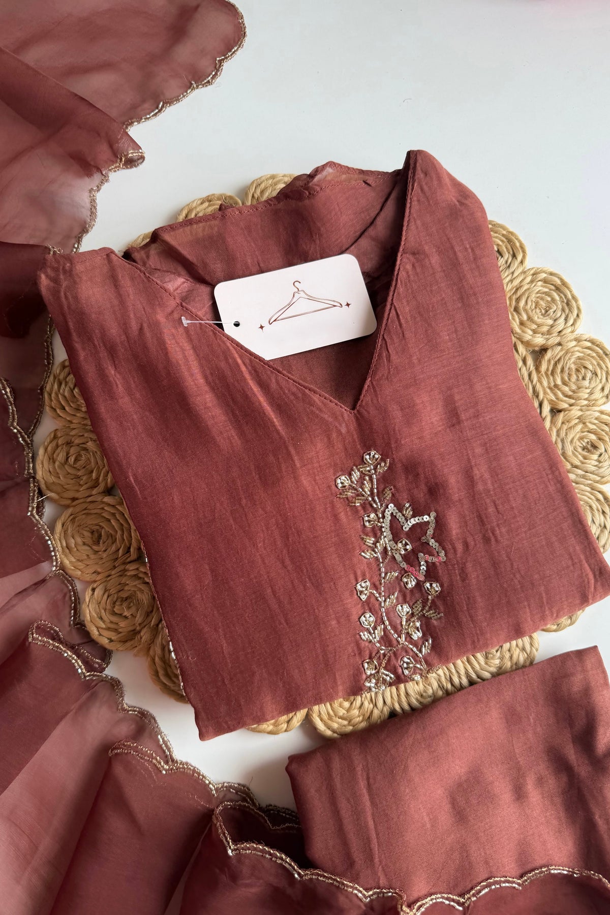 ✨”Rida - Premium Rose Brown Mul Chanderi A-Line Kurta Set