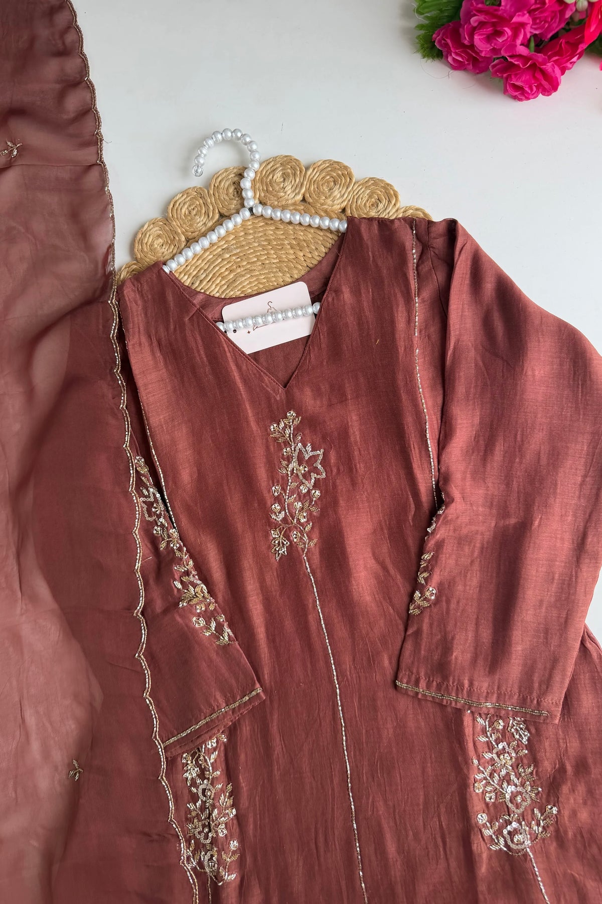 ✨”Rida - Premium Rose Brown Mul Chanderi A-Line Kurta Set