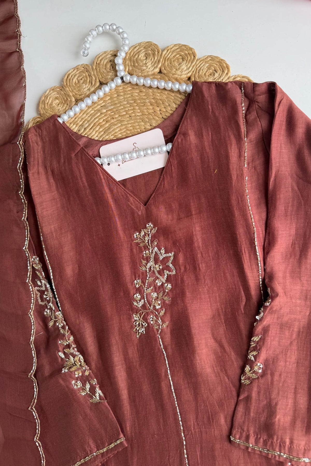 ✨”Rida - Premium Rose Brown Mul Chanderi A-Line Kurta Set