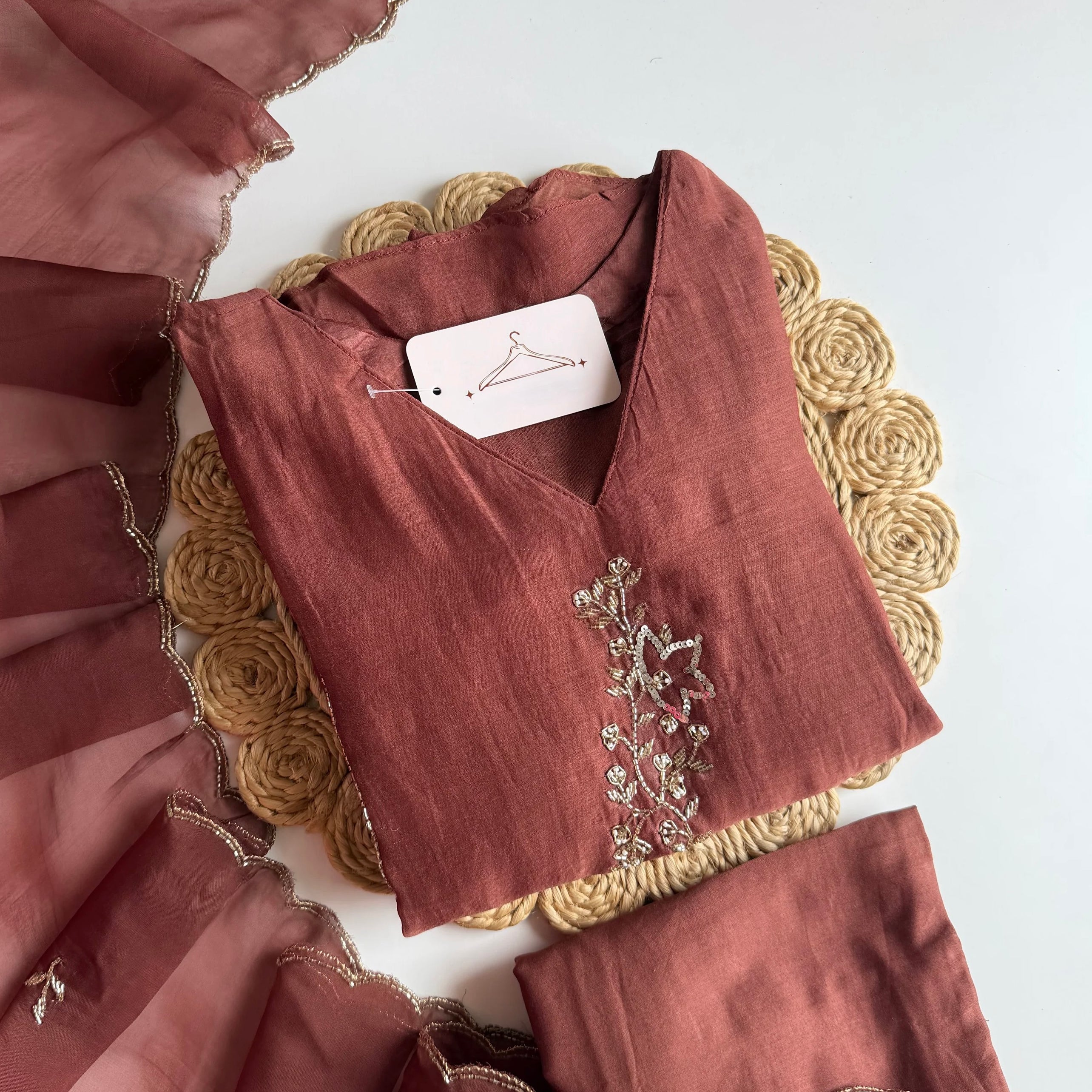 ✨”Rida - Premium Rose Brown Mul Chanderi A-Line Kurta Set