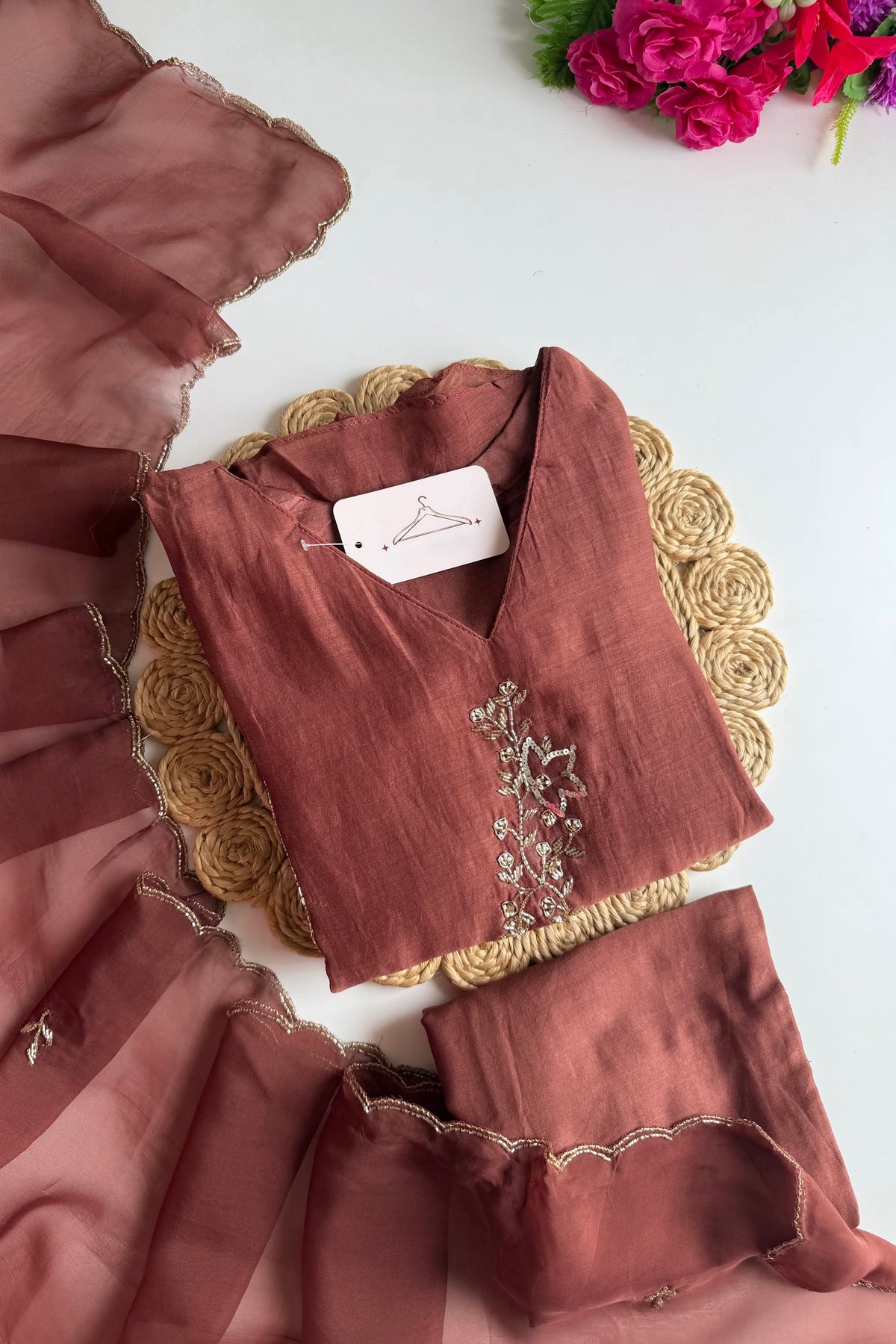 ✨”Rida - Premium Rose Brown Mul Chanderi A-Line Kurta Set