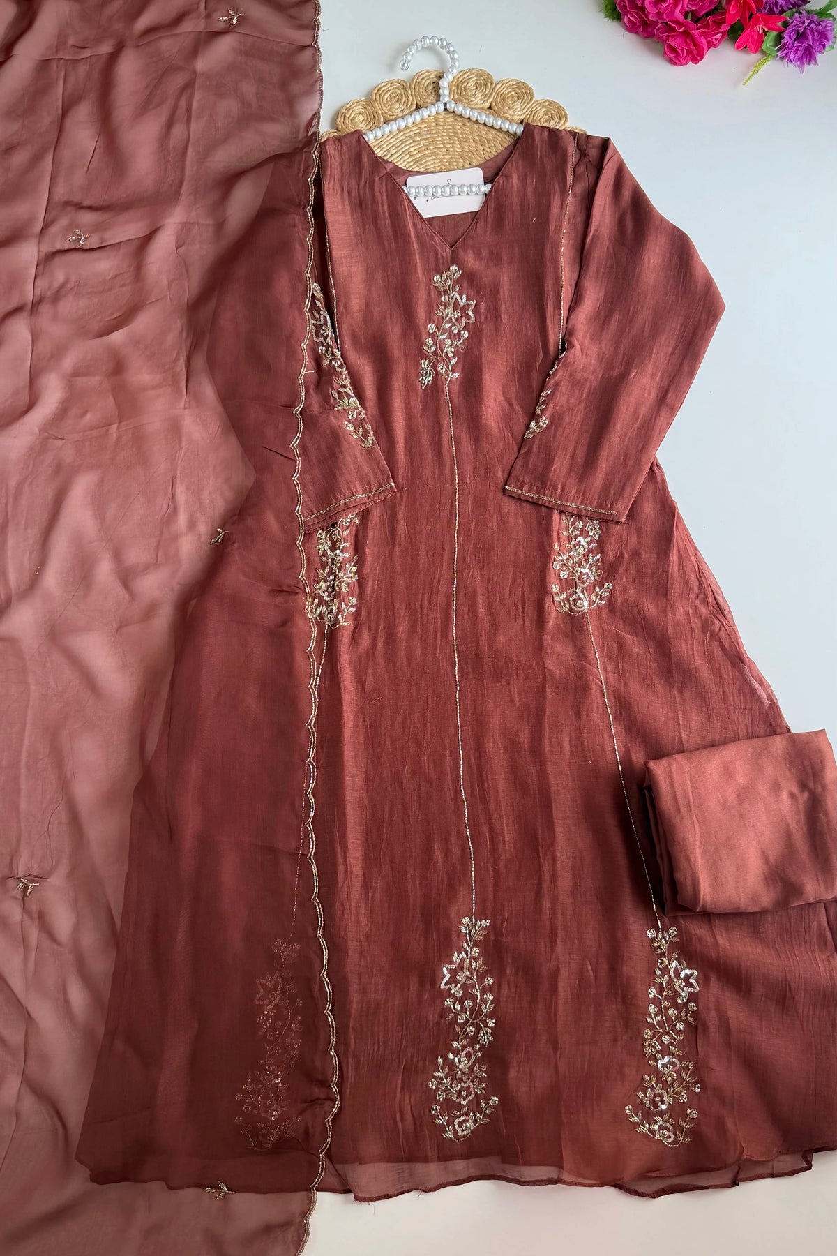 ✨”Rida - Premium Rose Brown Mul Chanderi A-Line Kurta Set