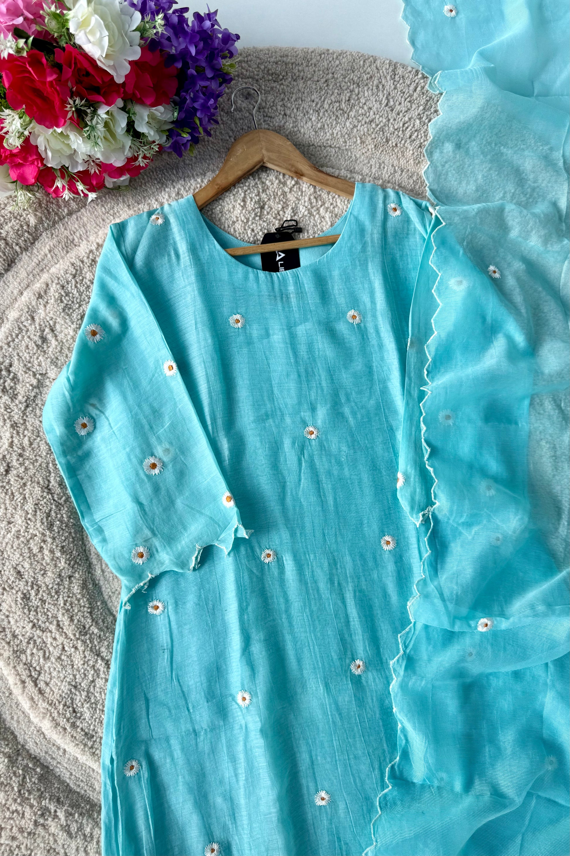💫Tara – Premium Sea Blue Mul Chanderi A Line Kurta Set