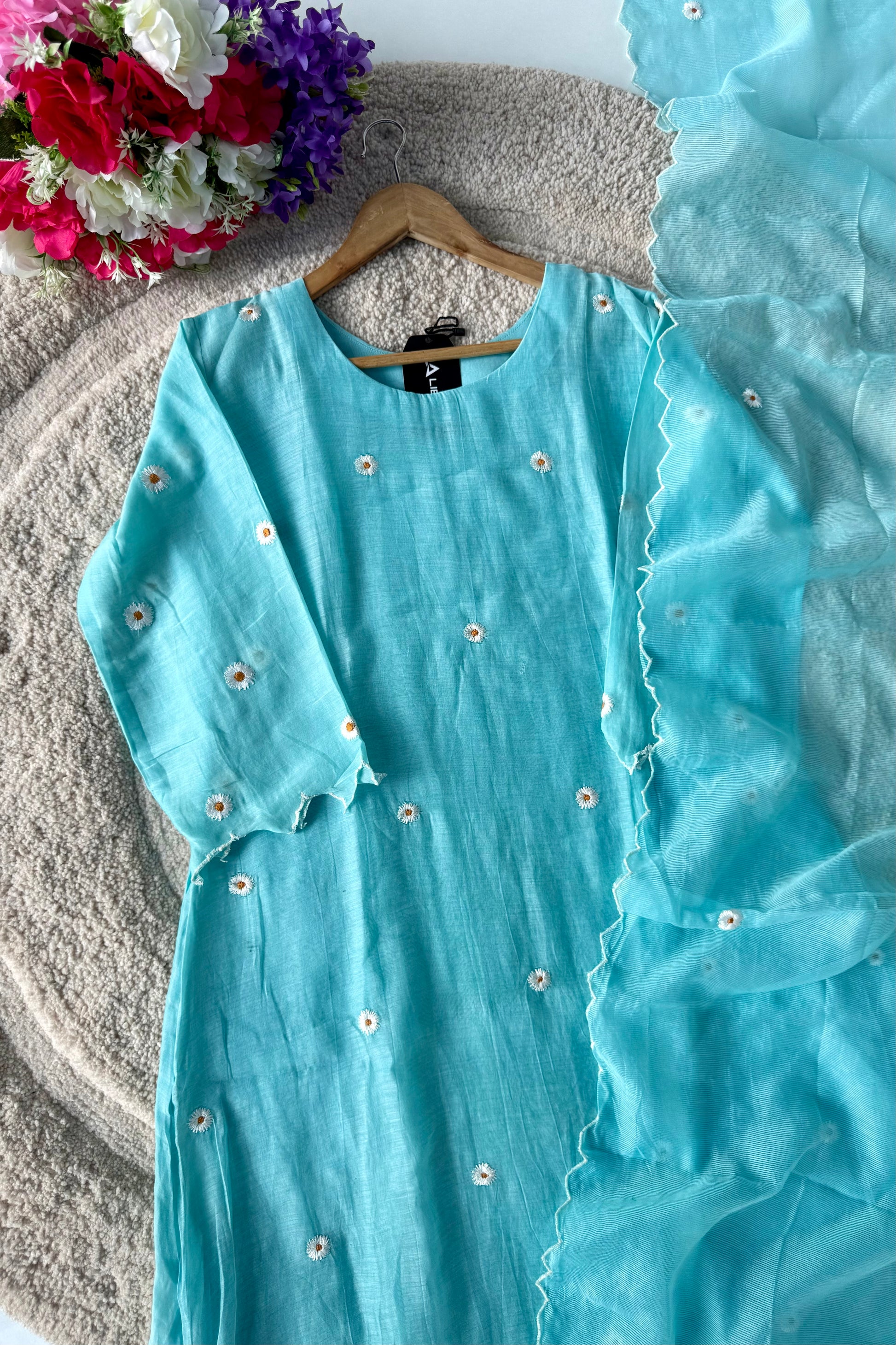 💫Tara – Premium Sea Blue Mul Chanderi A Line Kurta Set
