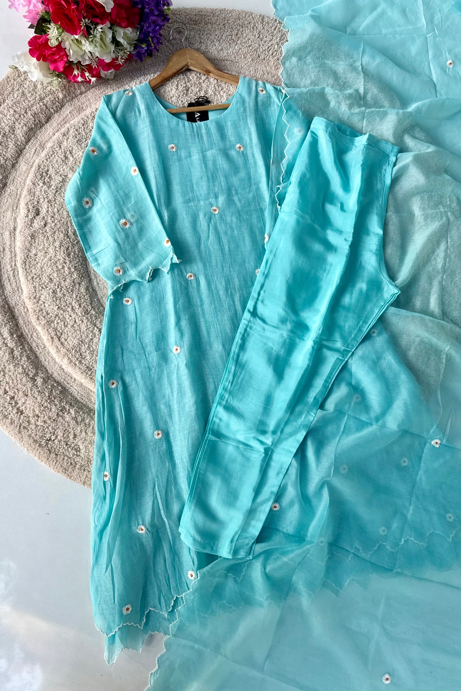 💫Tara – Premium Sea Blue Mul Chanderi A Line Kurta Set