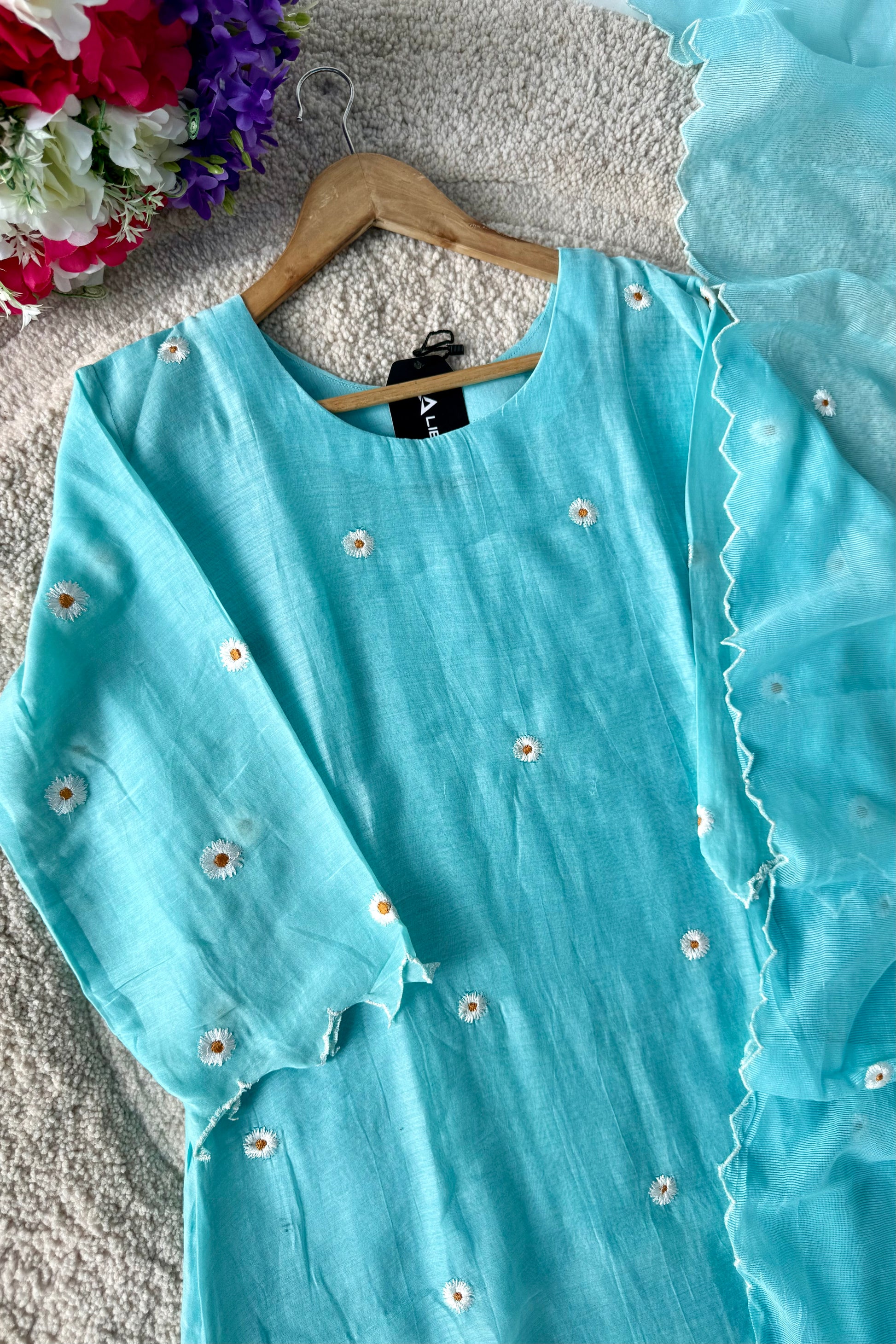 💫Tara – Premium Sea Blue Mul Chanderi A Line Kurta Set