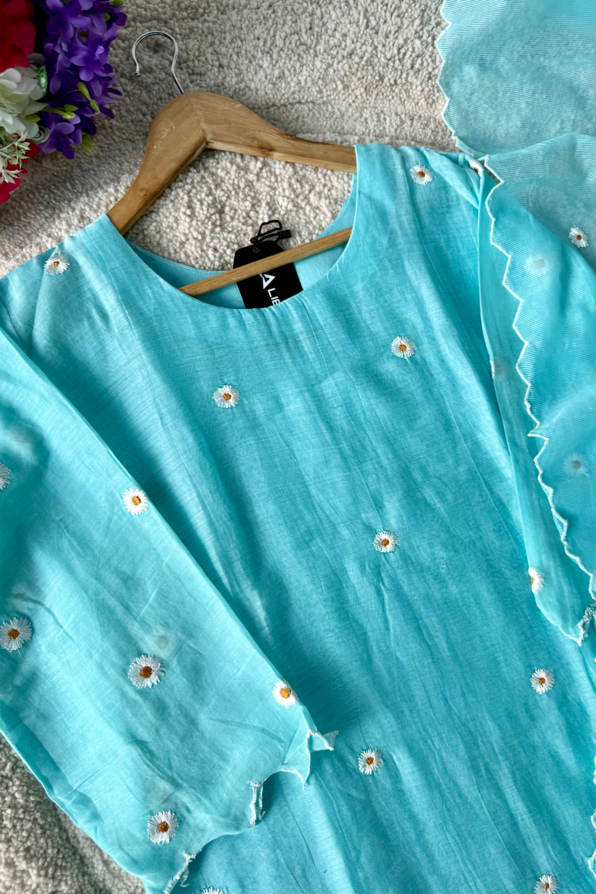 💫Tara – Premium Sea Blue Mul Chanderi A Line Kurta Set