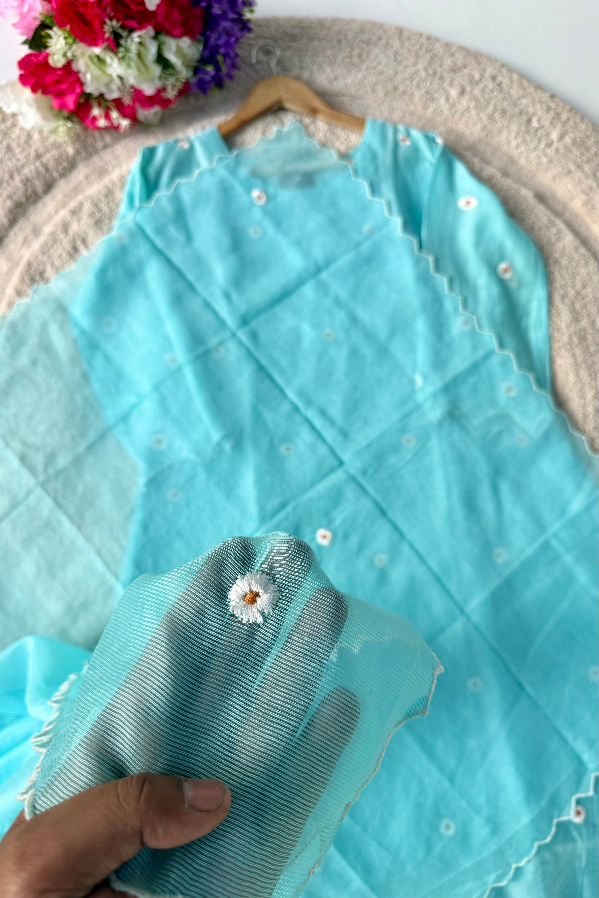 💫Tara – Premium Sea Blue Mul Chanderi A Line Kurta Set