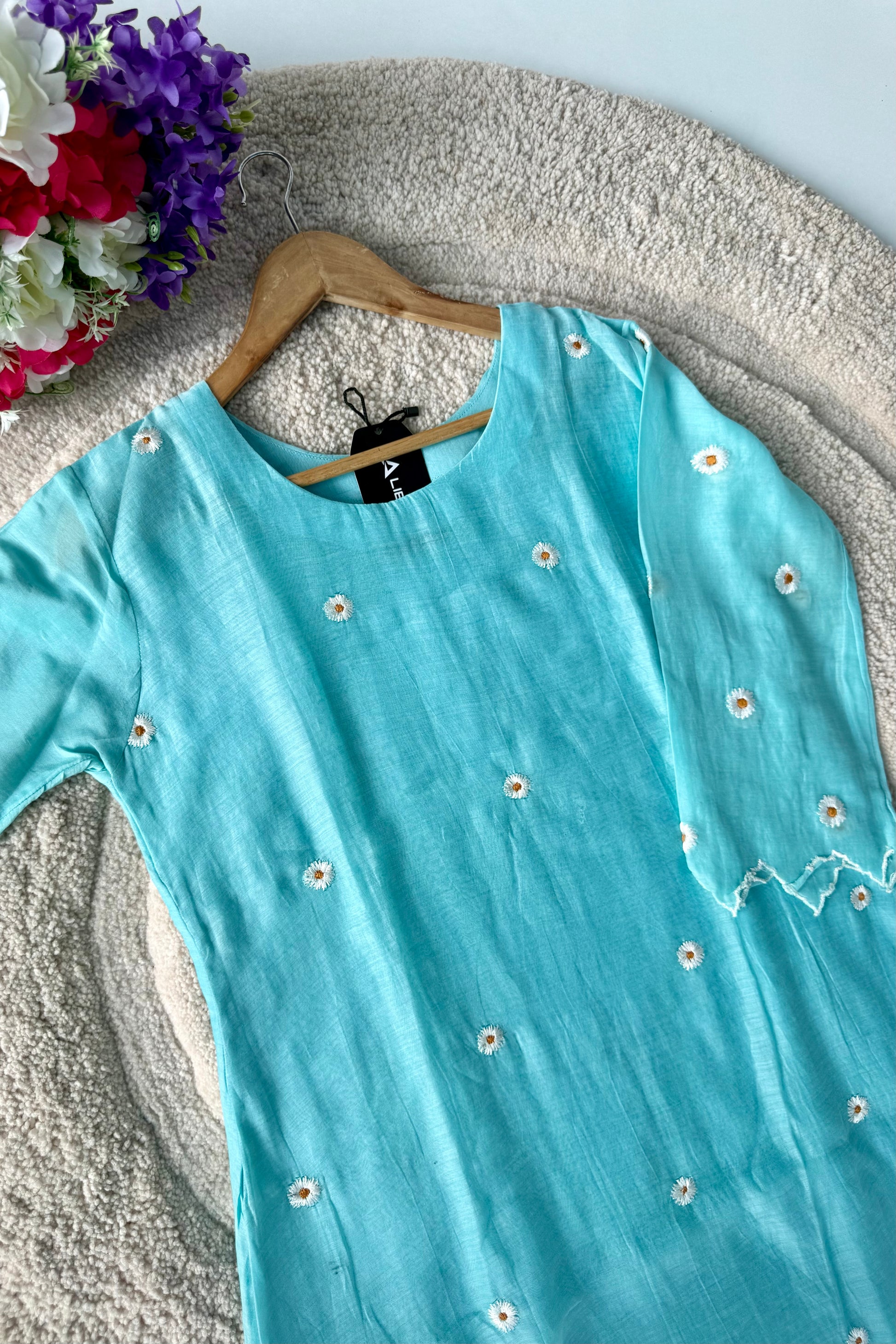 💫Tara – Premium Sea Blue Mul Chanderi A Line Kurta Set