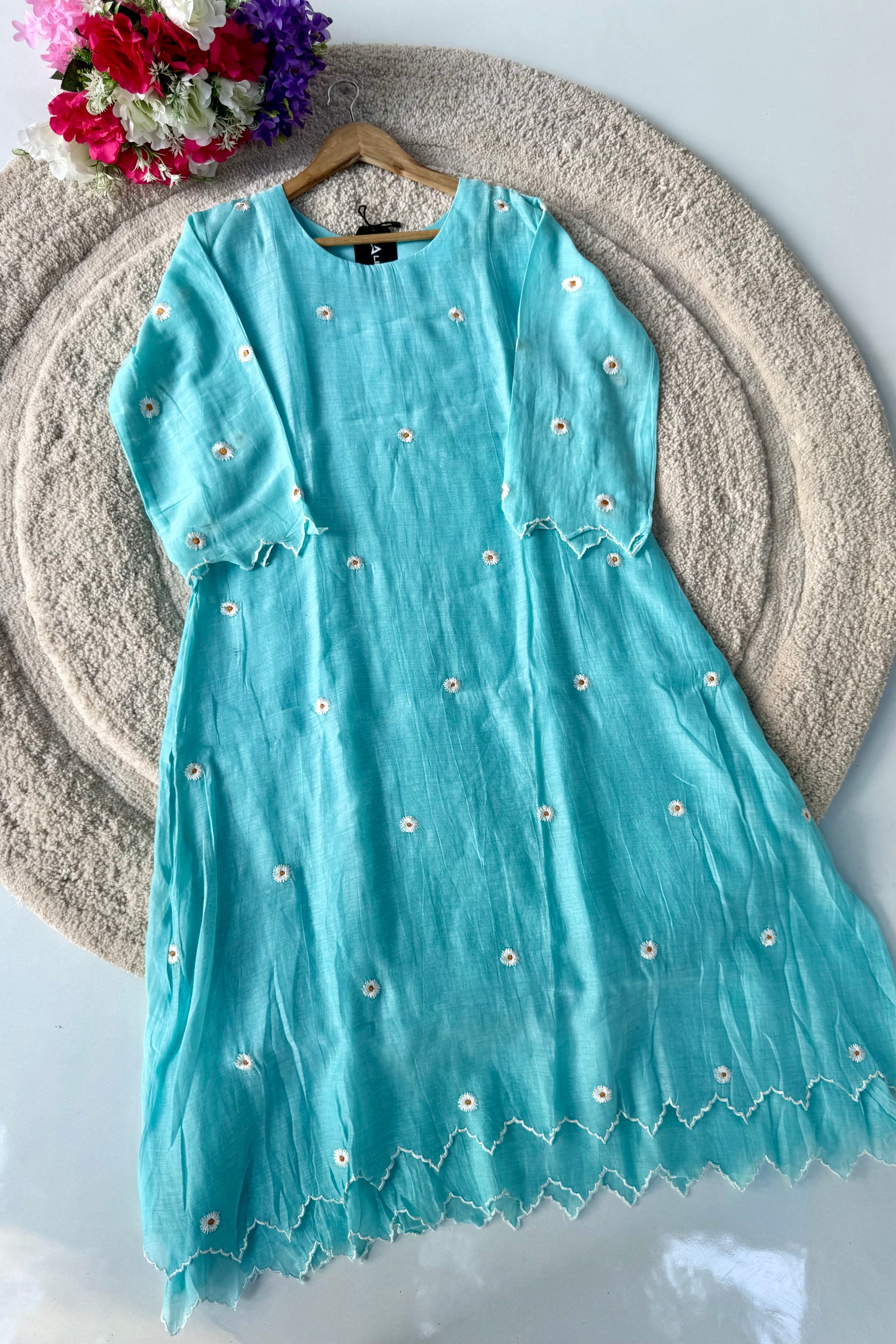 💫Tara – Premium Sea Blue Mul Chanderi A Line Kurta Set