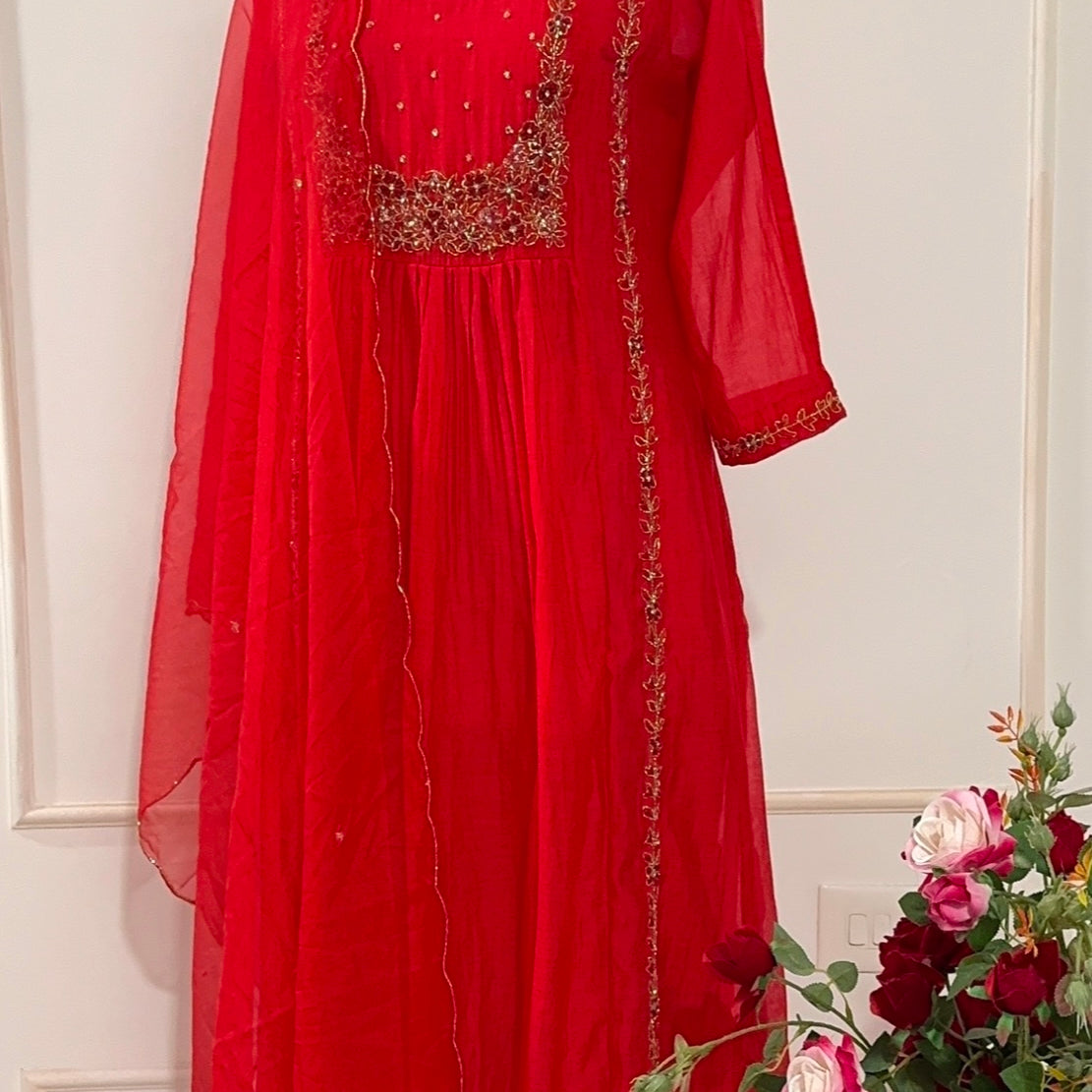 “Ayza” Pre Booking Premium Red Mul Chanderi A Line Suit set 🛍️