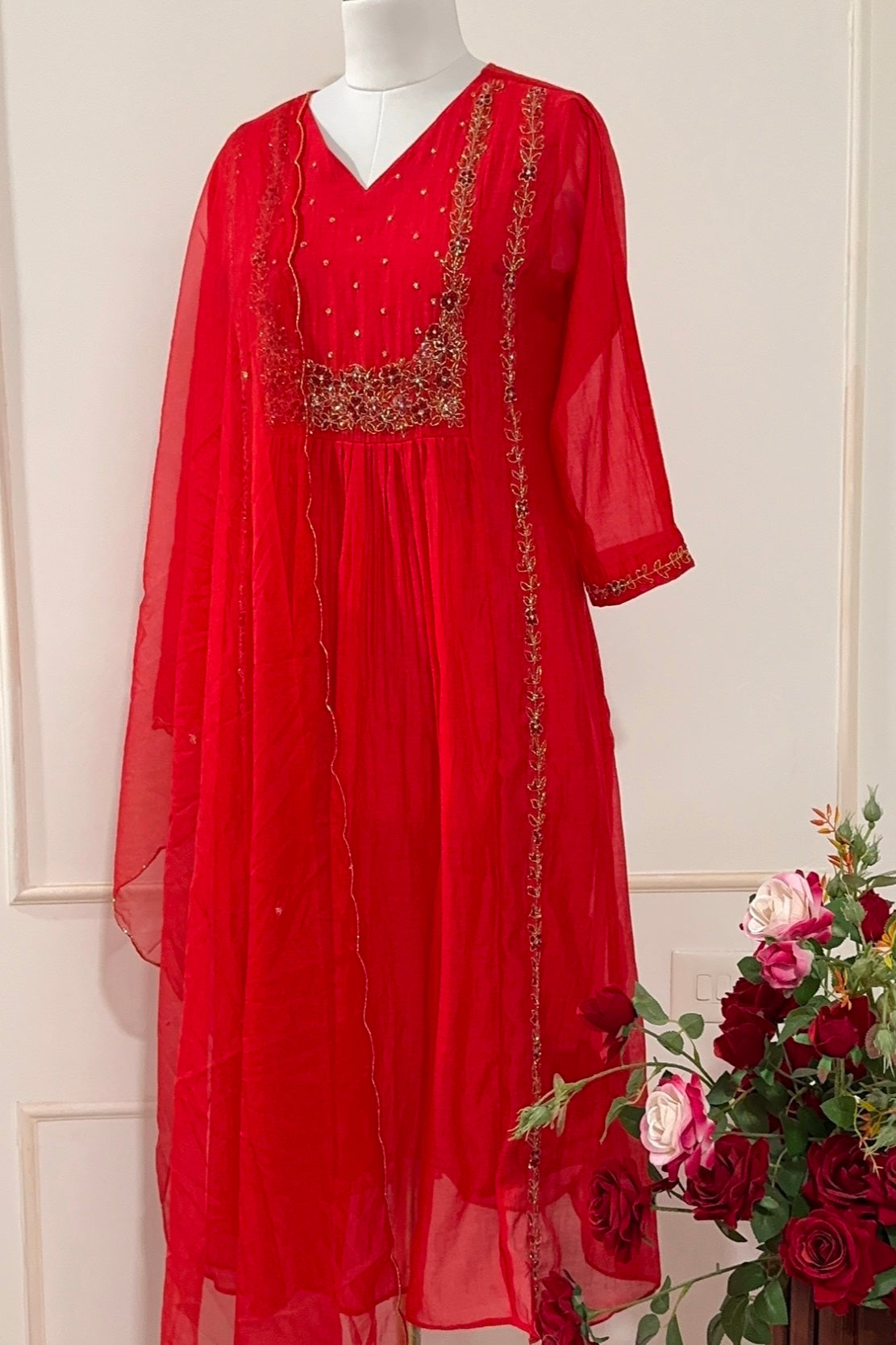“Ayza” Pre Booking Premium Red Mul Chanderi A Line Suit set 🛍️