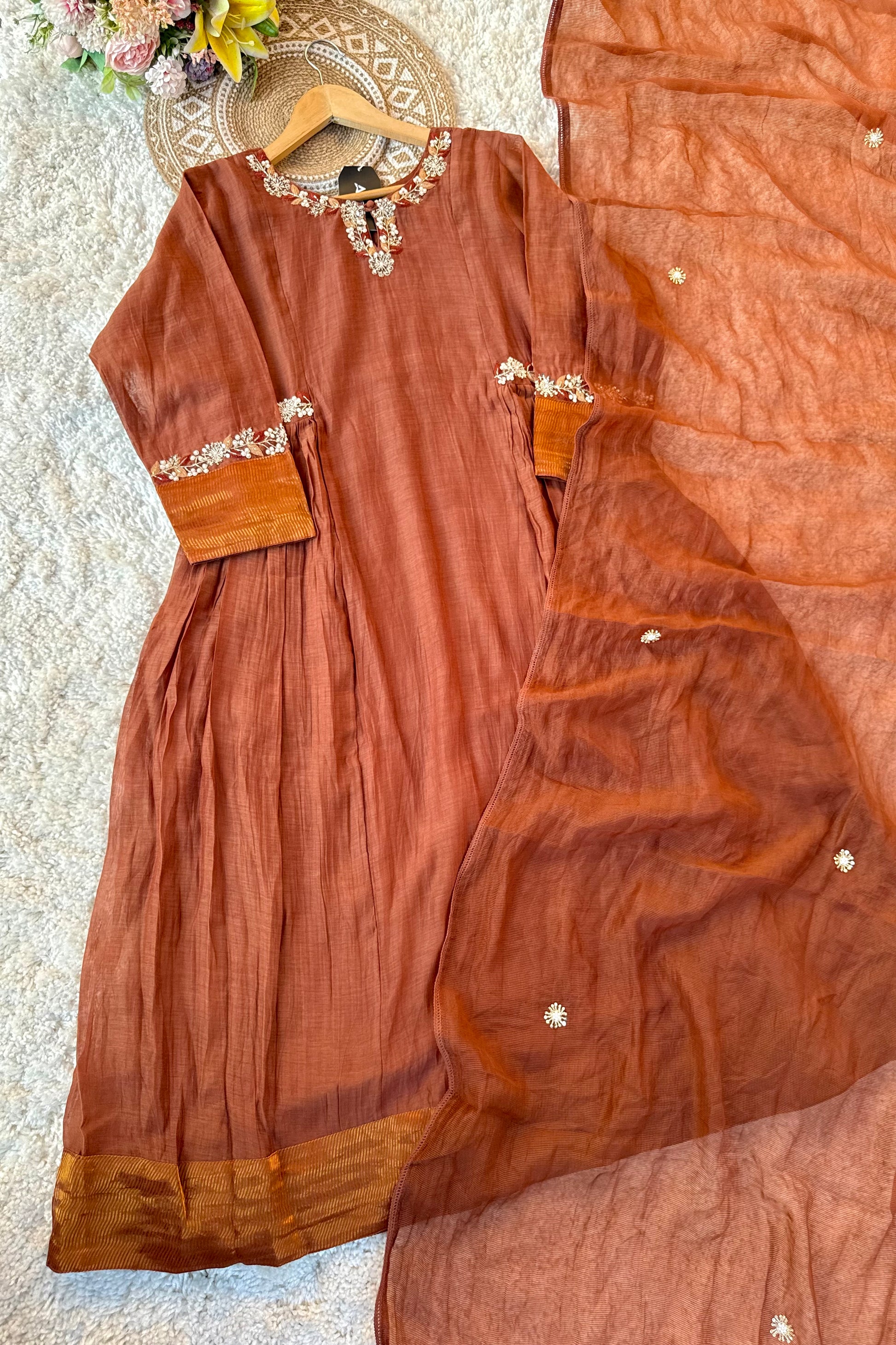 ✨Aabira – Coffee Brown Mul Chanderi Anarkali kurti bottom with dupatta
