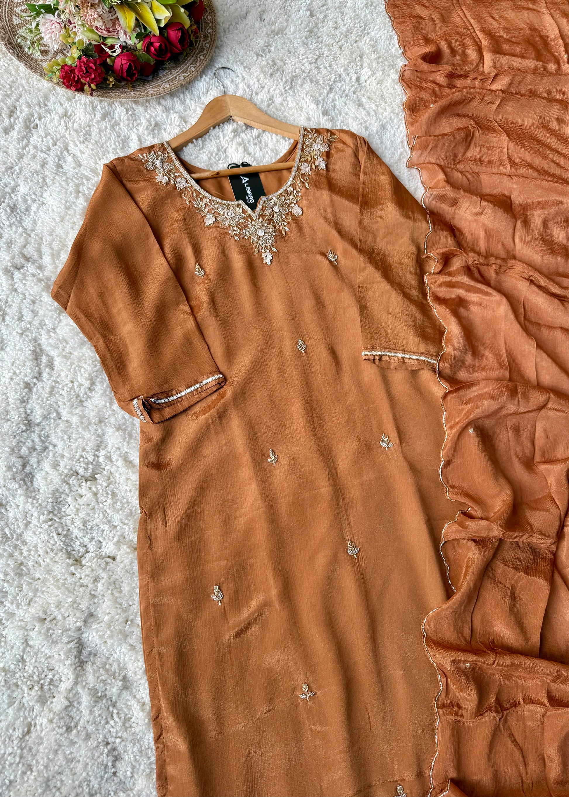 ✨ “Aaliya – Premium Caramel Brown Chinnon handwork straight kurta set