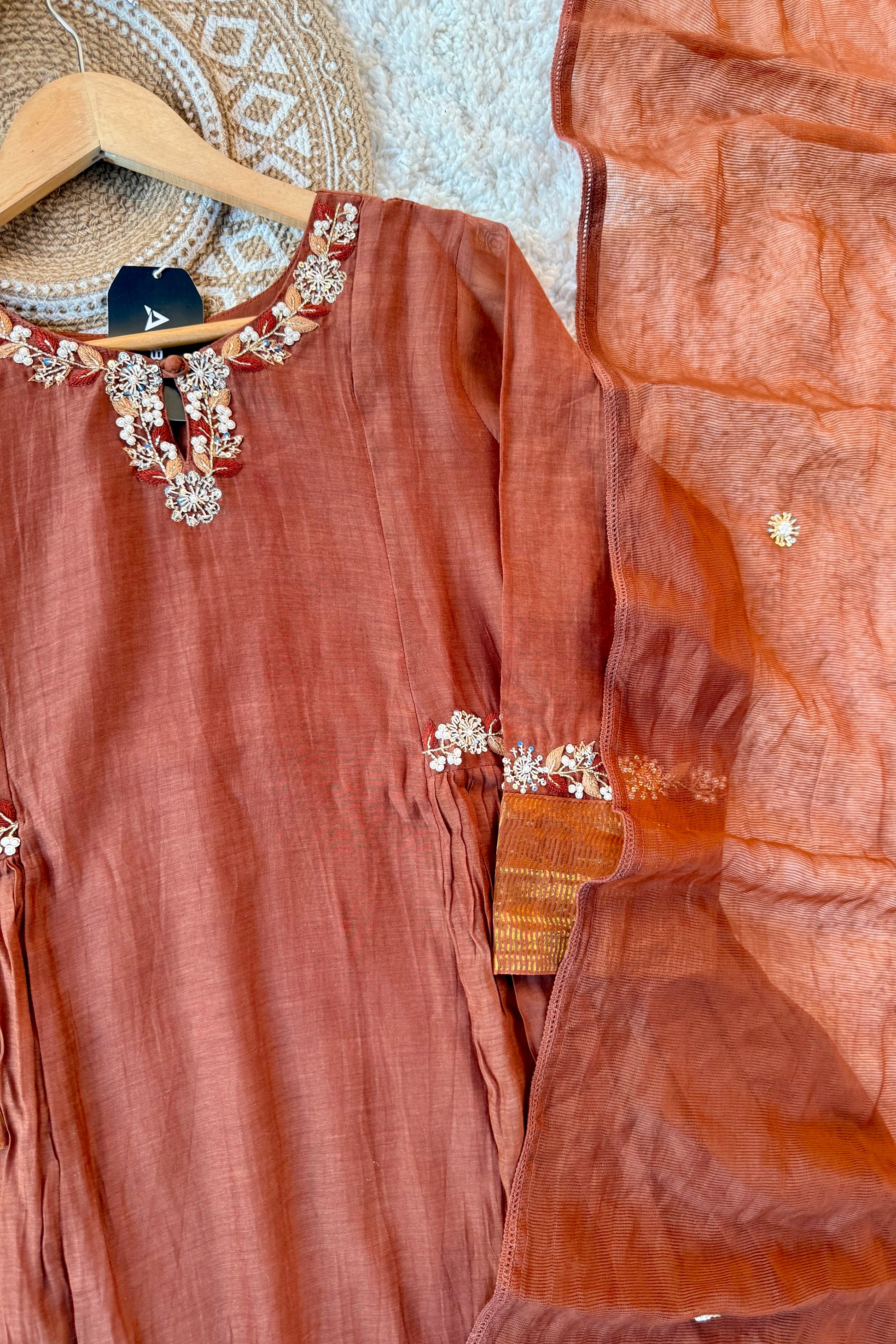 ✨Aabira – Coffee Brown Mul Chanderi Anarkali kurti bottom with dupatta