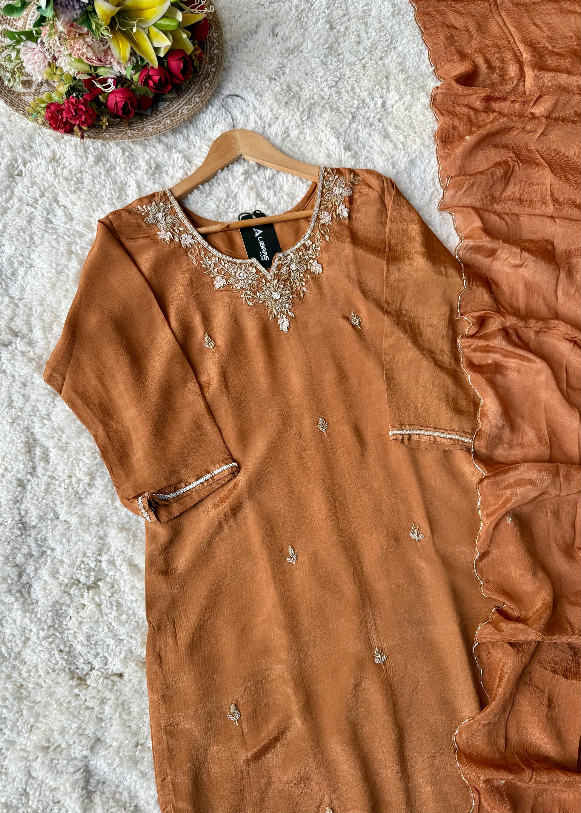 ✨ “Aaliya – Premium Caramel Brown Chinnon handwork straight kurta set