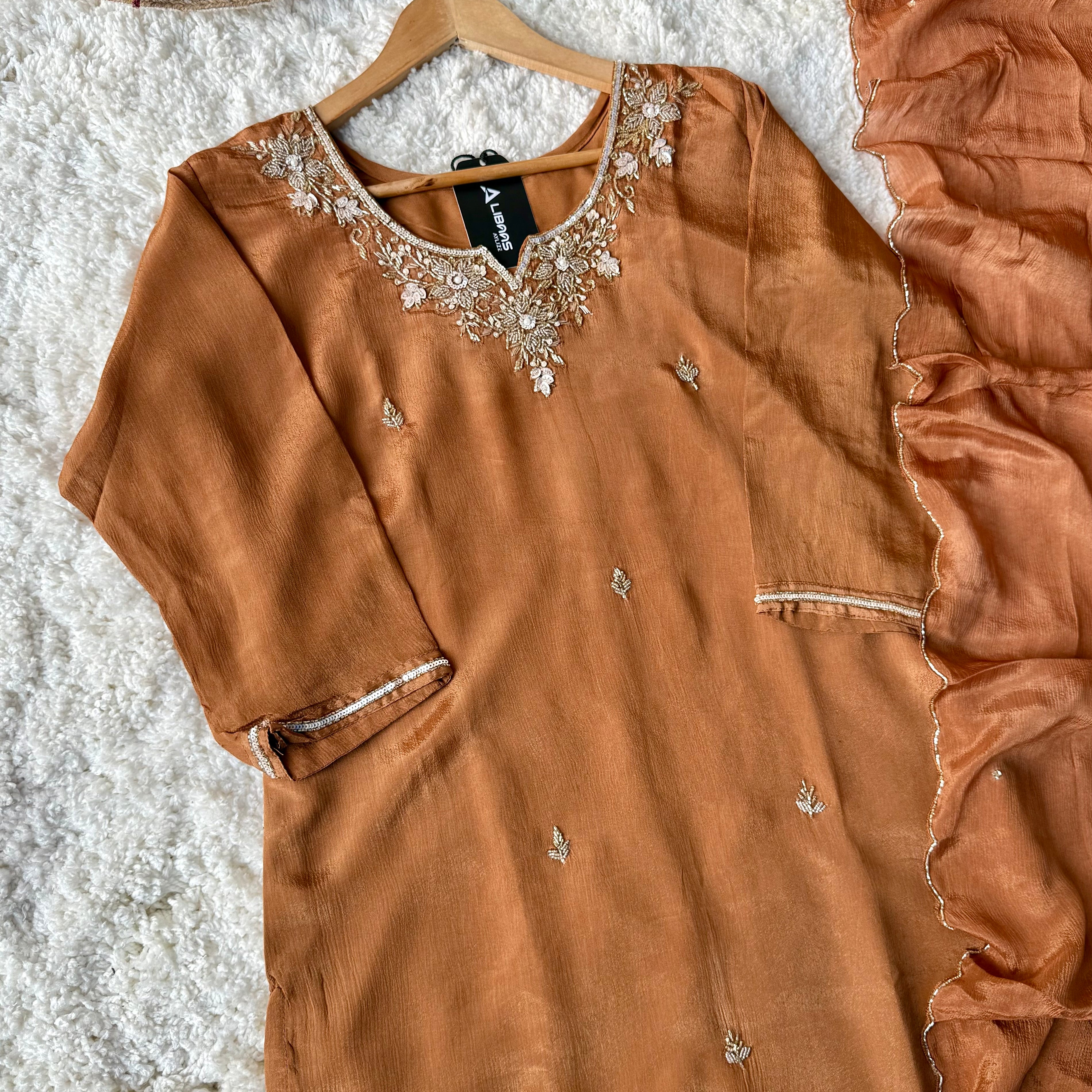 ✨ “Aaliya – Premium Caramel Brown Chinnon handwork straight kurta set