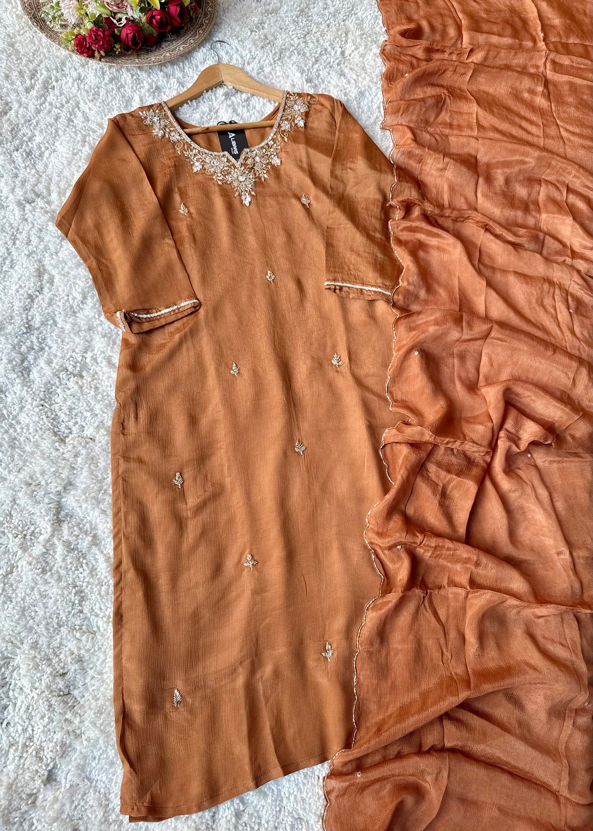 ✨ “Aaliya – Premium Caramel Brown Chinnon handwork straight kurta set