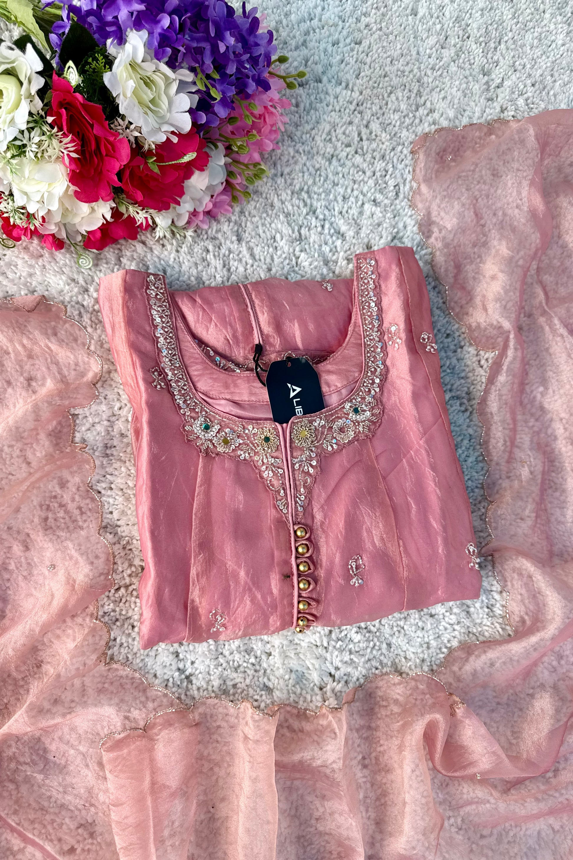 ✨Aiyana- Rose Pink Crushed Tissue Heavy Anarkali Kurta Set