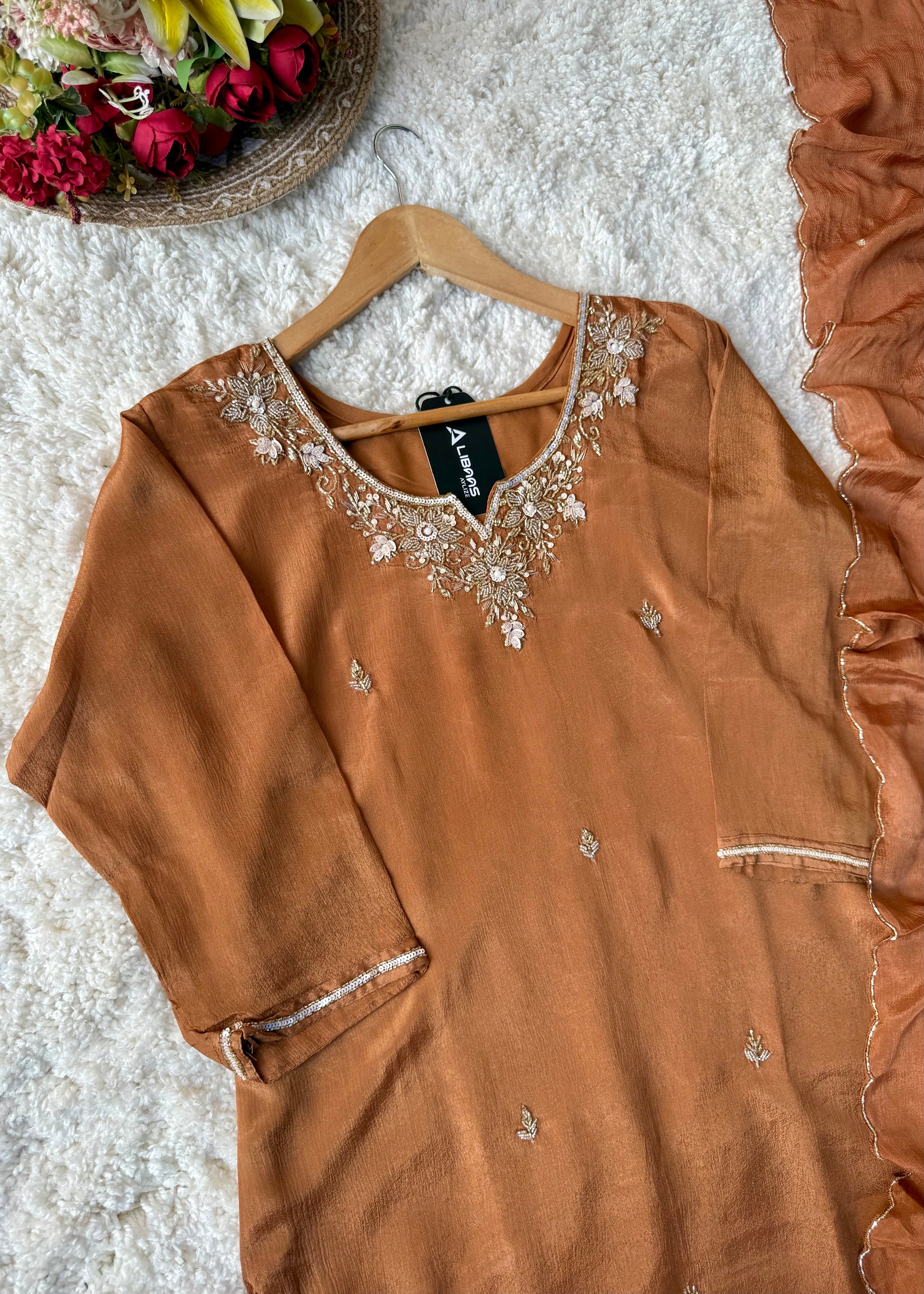 ✨ “Aaliya – Premium Caramel Brown Chinnon handwork straight kurta set