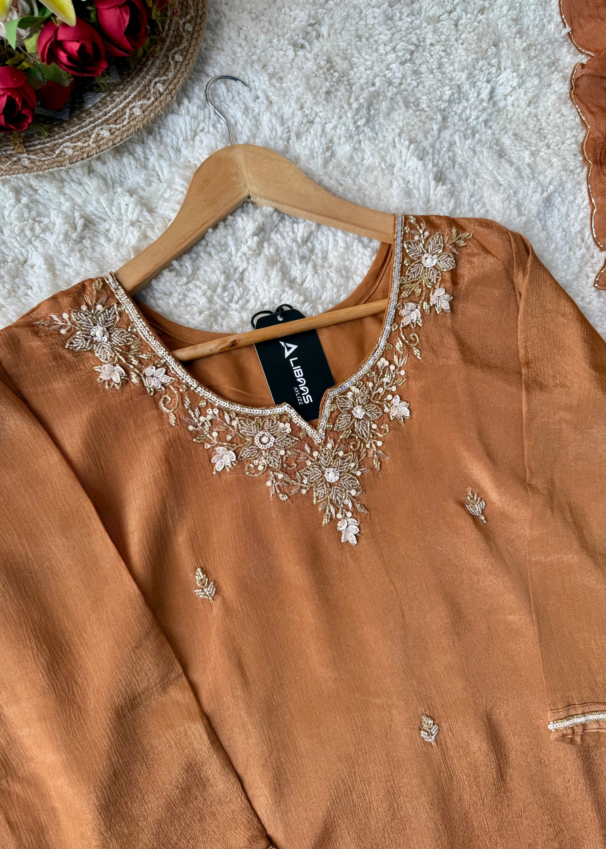 ✨ “Aaliya – Premium Caramel Brown Chinnon handwork straight kurta set