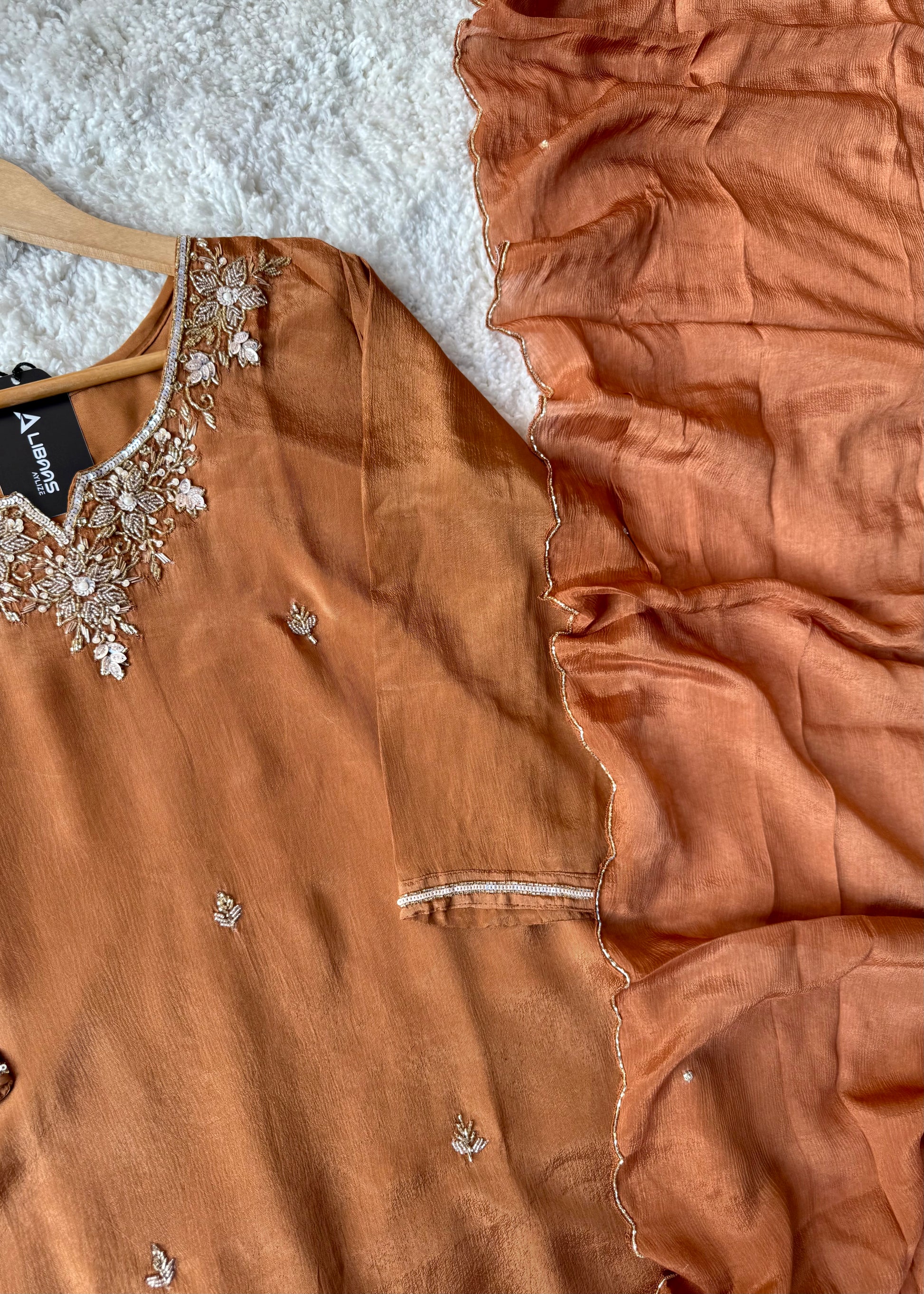 ✨ “Aaliya – Premium Caramel Brown Chinnon handwork straight kurta set
