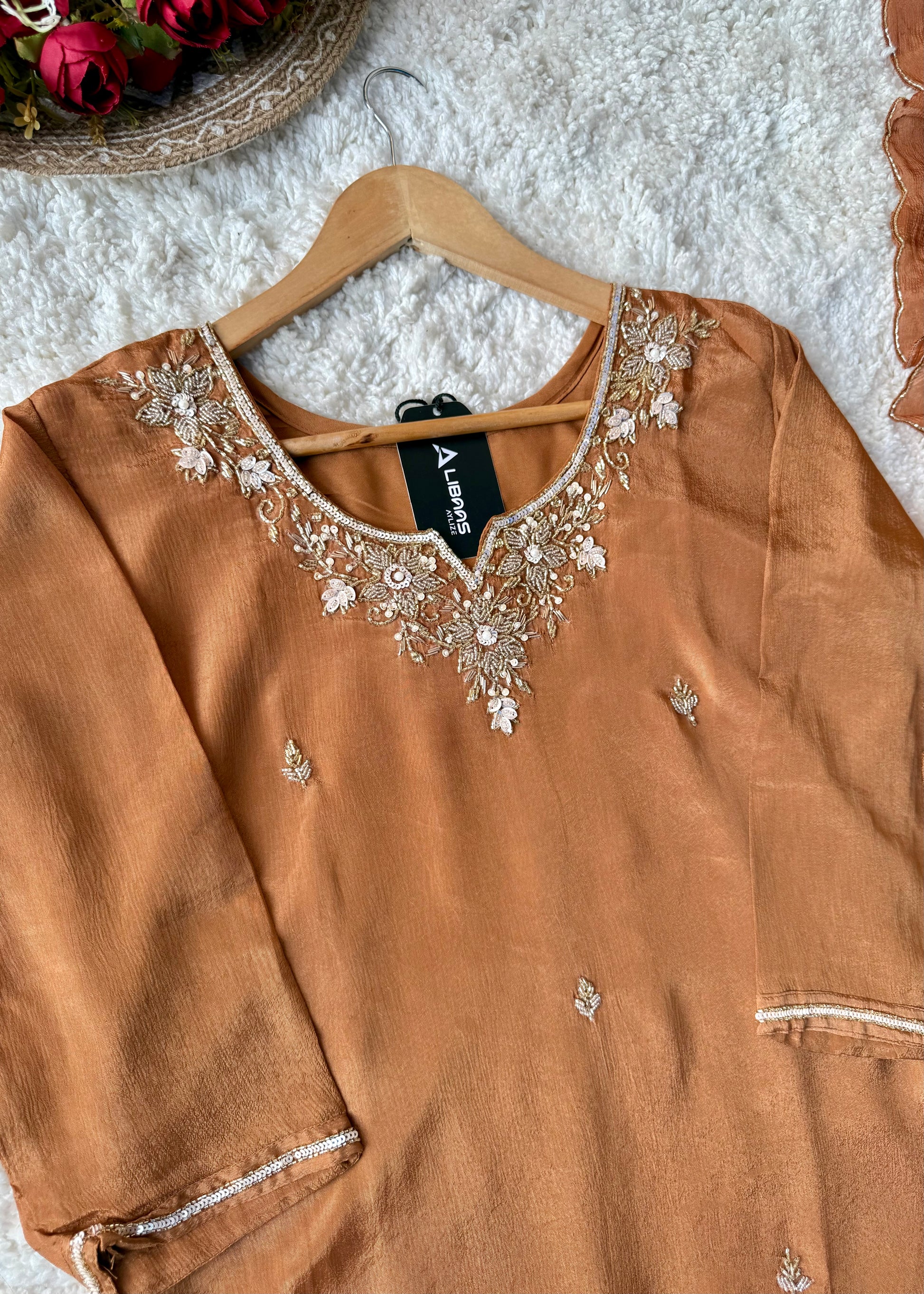 ✨ “Aaliya – Premium Caramel Brown Chinnon handwork straight kurta set