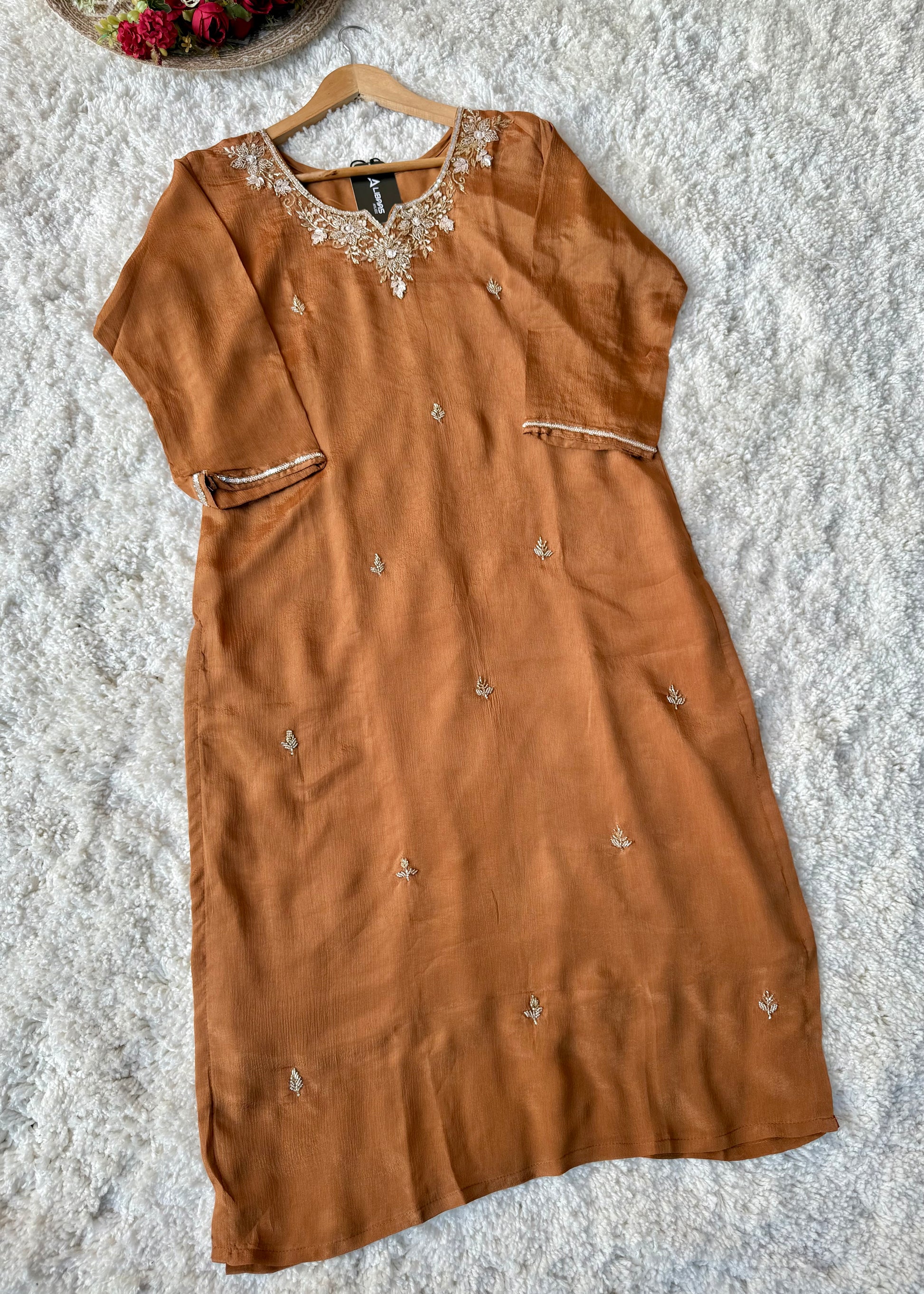 ✨ “Aaliya – Premium Caramel Brown Chinnon handwork straight kurta set