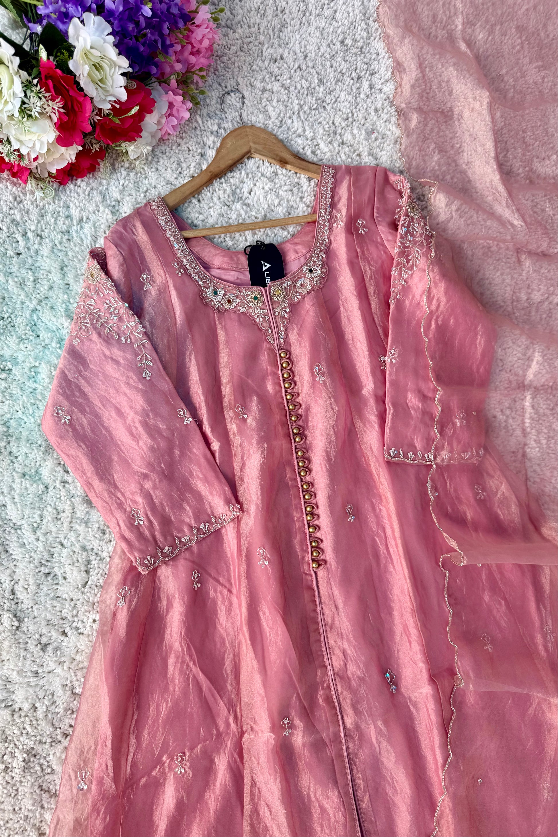 ✨Aiyana- Rose Pink Crushed Tissue Heavy Anarkali Kurta Set