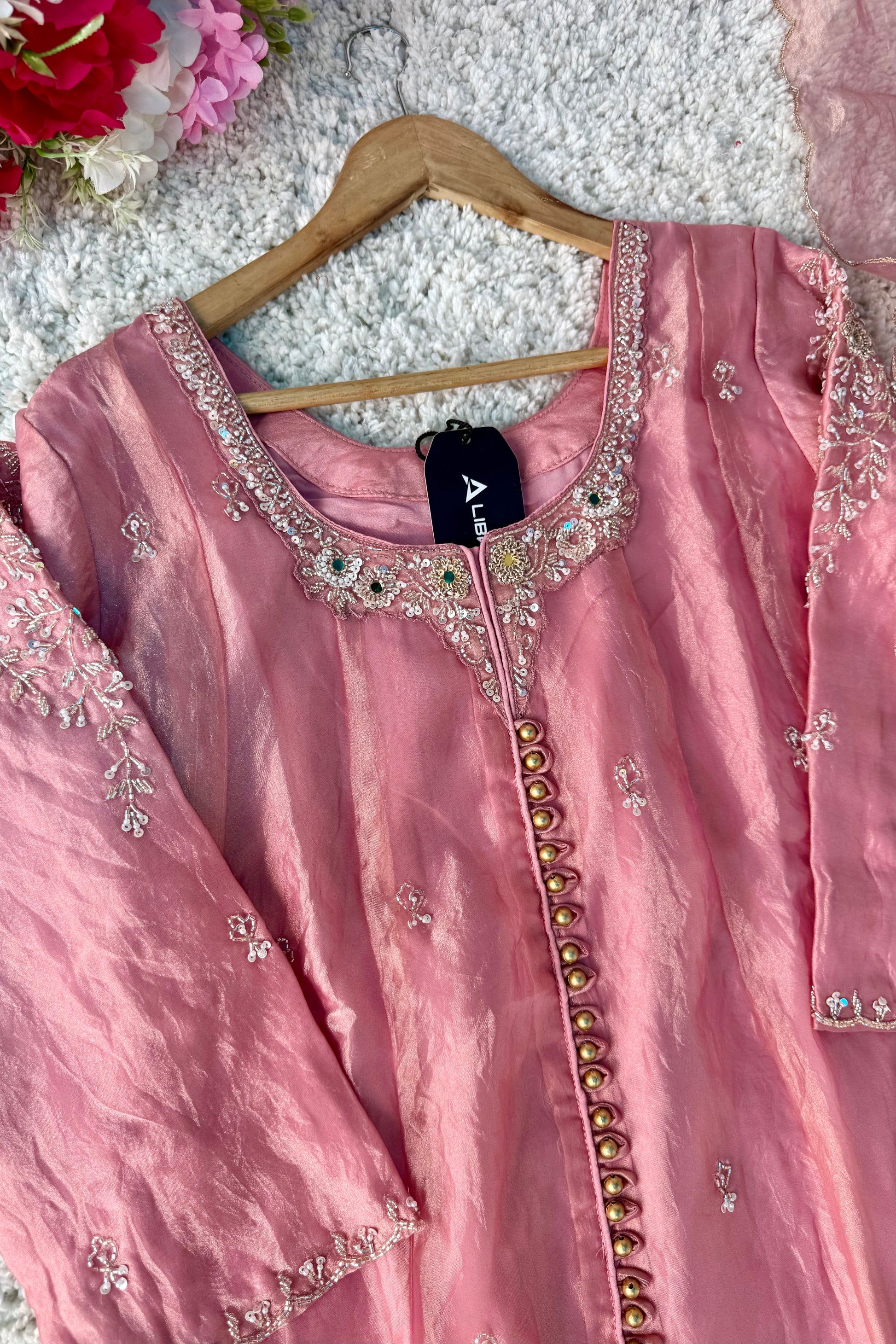 ✨Aiyana- Rose Pink Crushed Tissue Heavy Anarkali Kurta Set