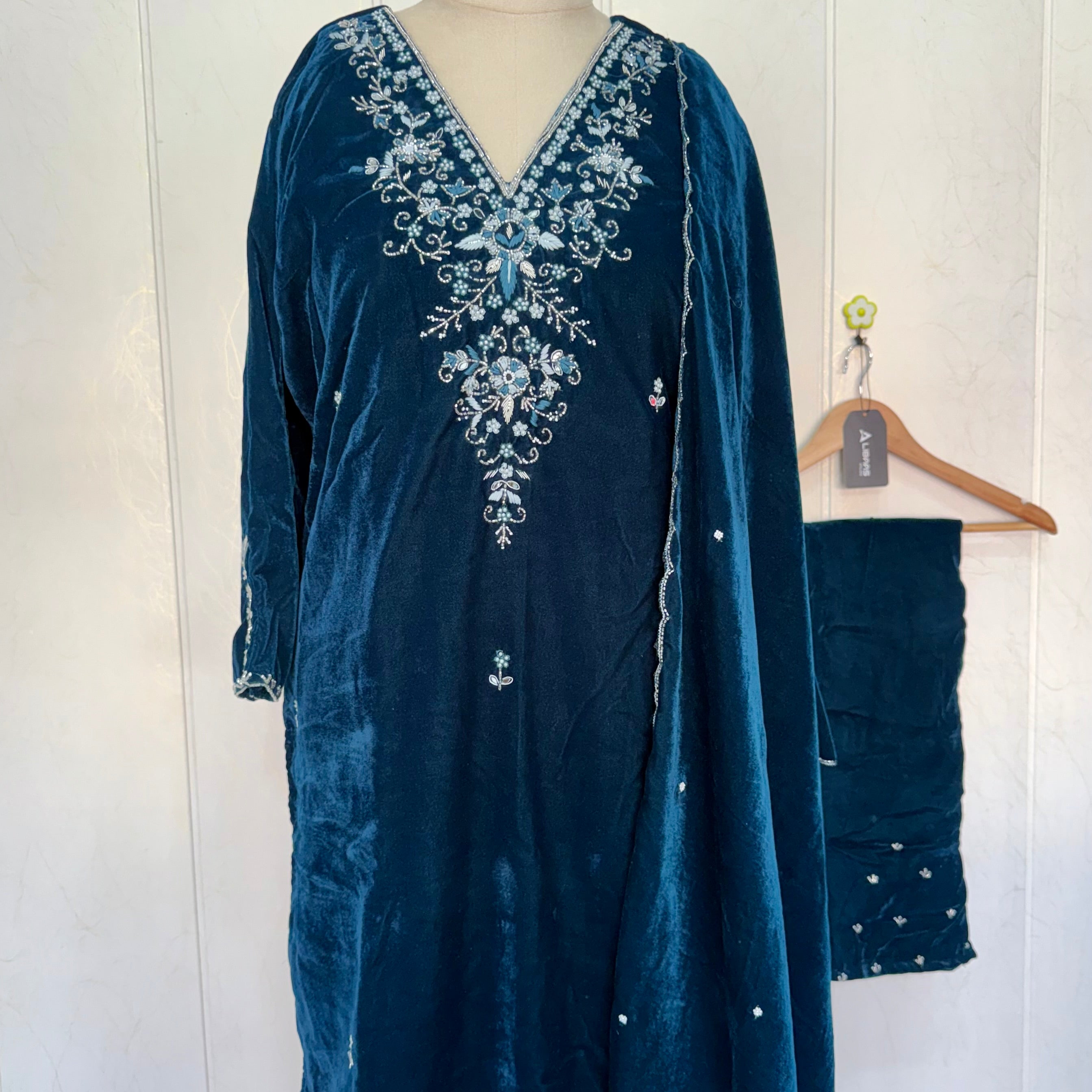 “Kiara” Peacock blue heavy velvet suit set
