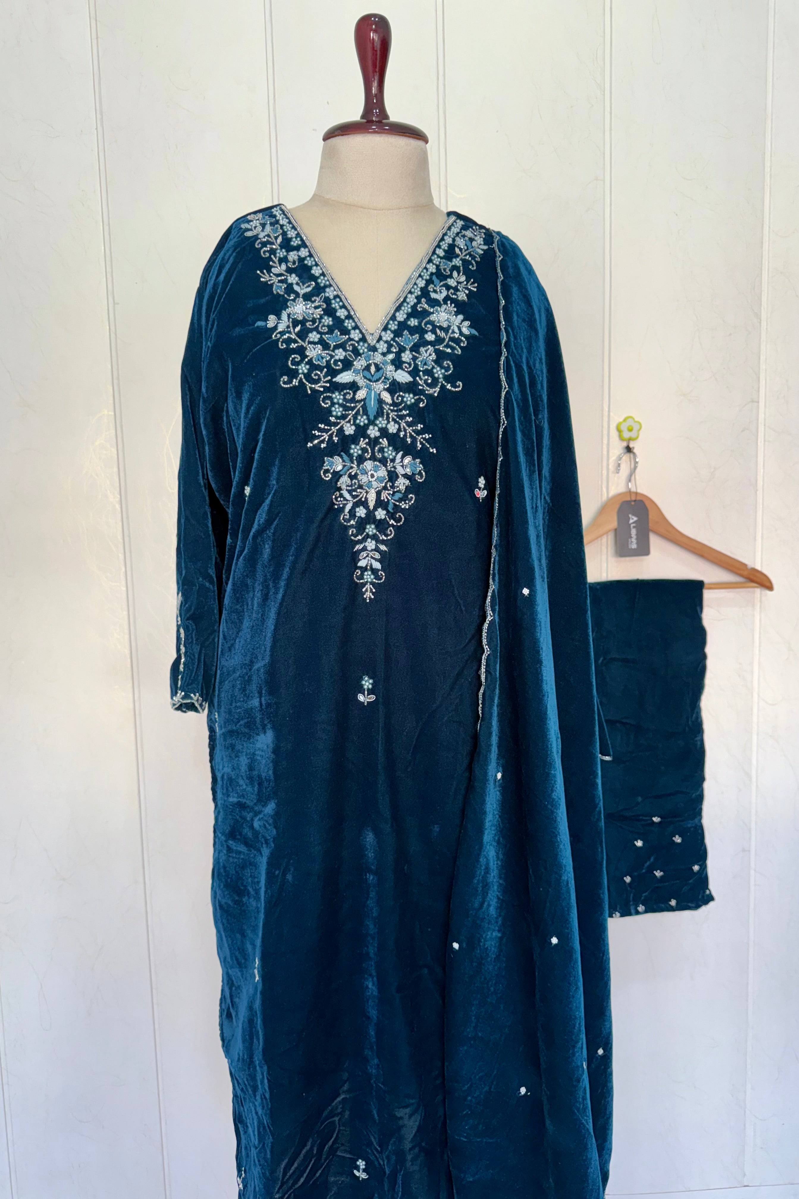 “Kiara” Peacock blue heavy velvet suit set
