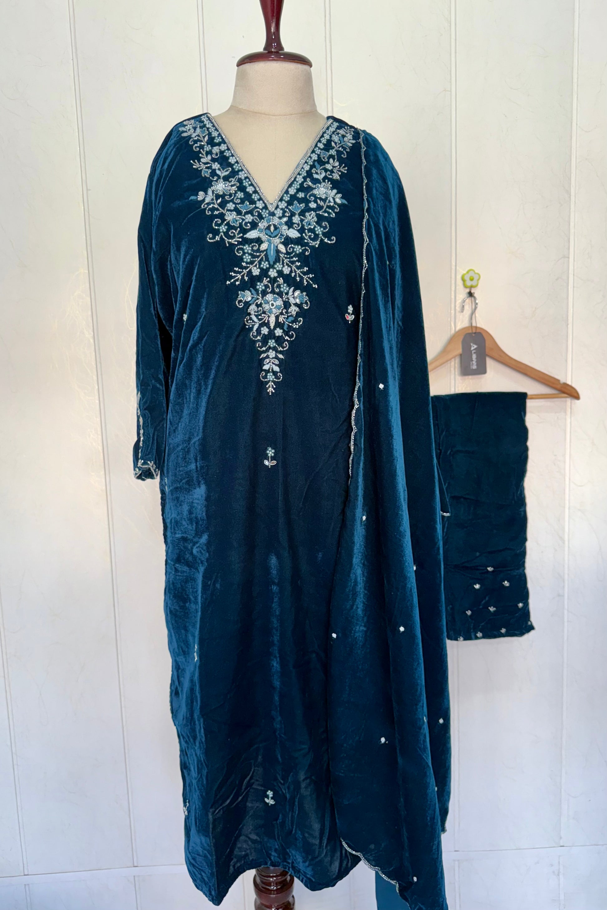 “Kiara” Peacock blue heavy velvet suit set
