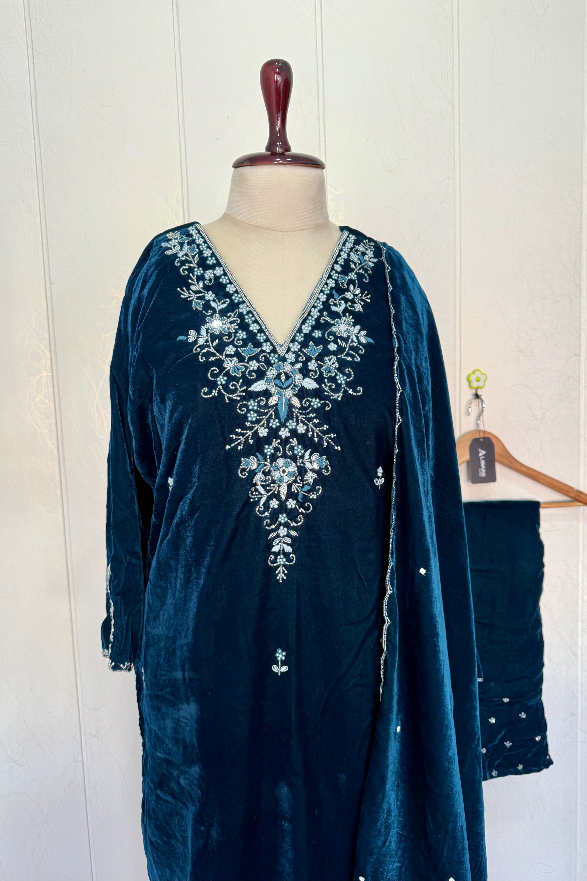 “Kiara” Peacock blue heavy velvet suit set