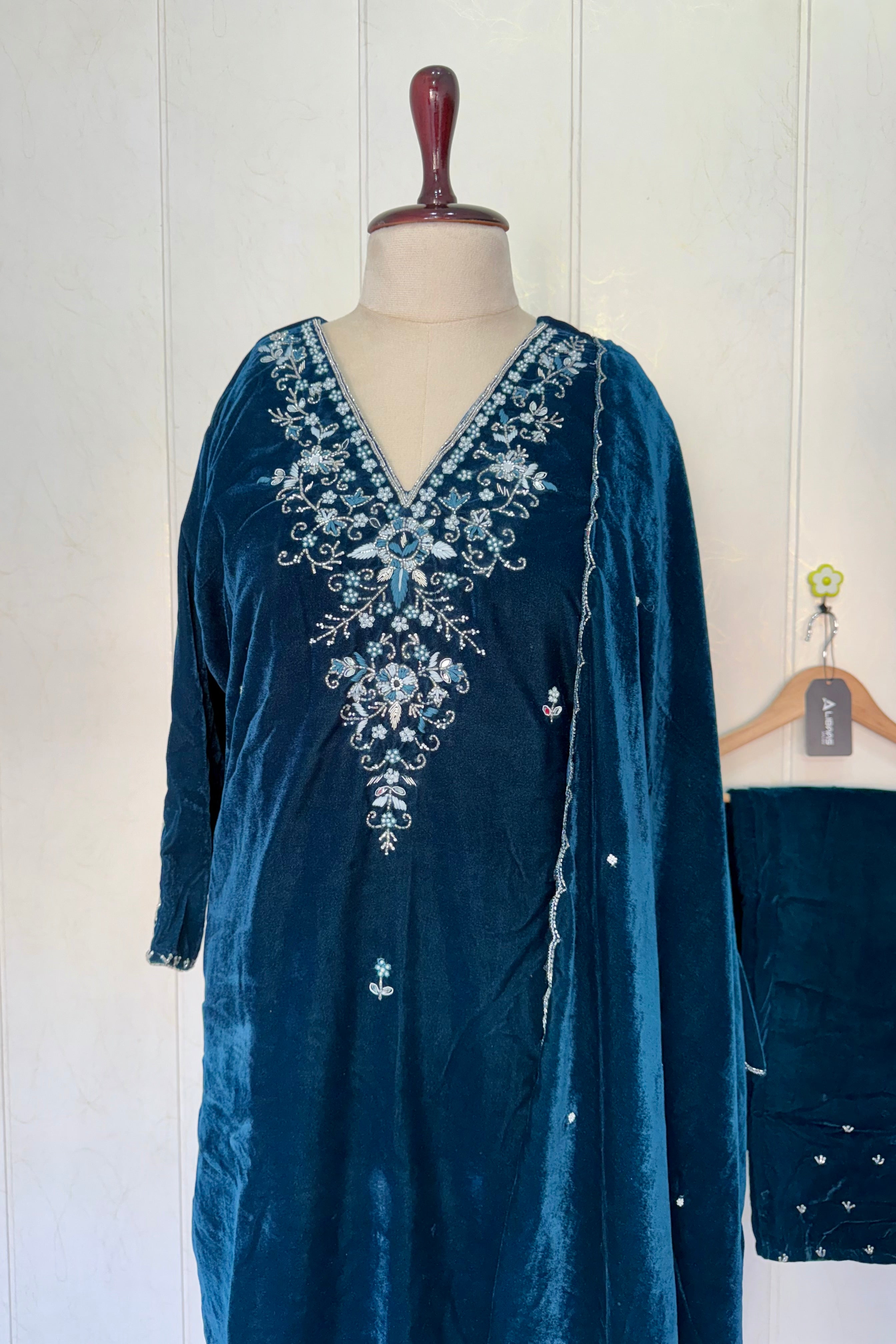 “Kiara” Peacock blue heavy velvet suit set