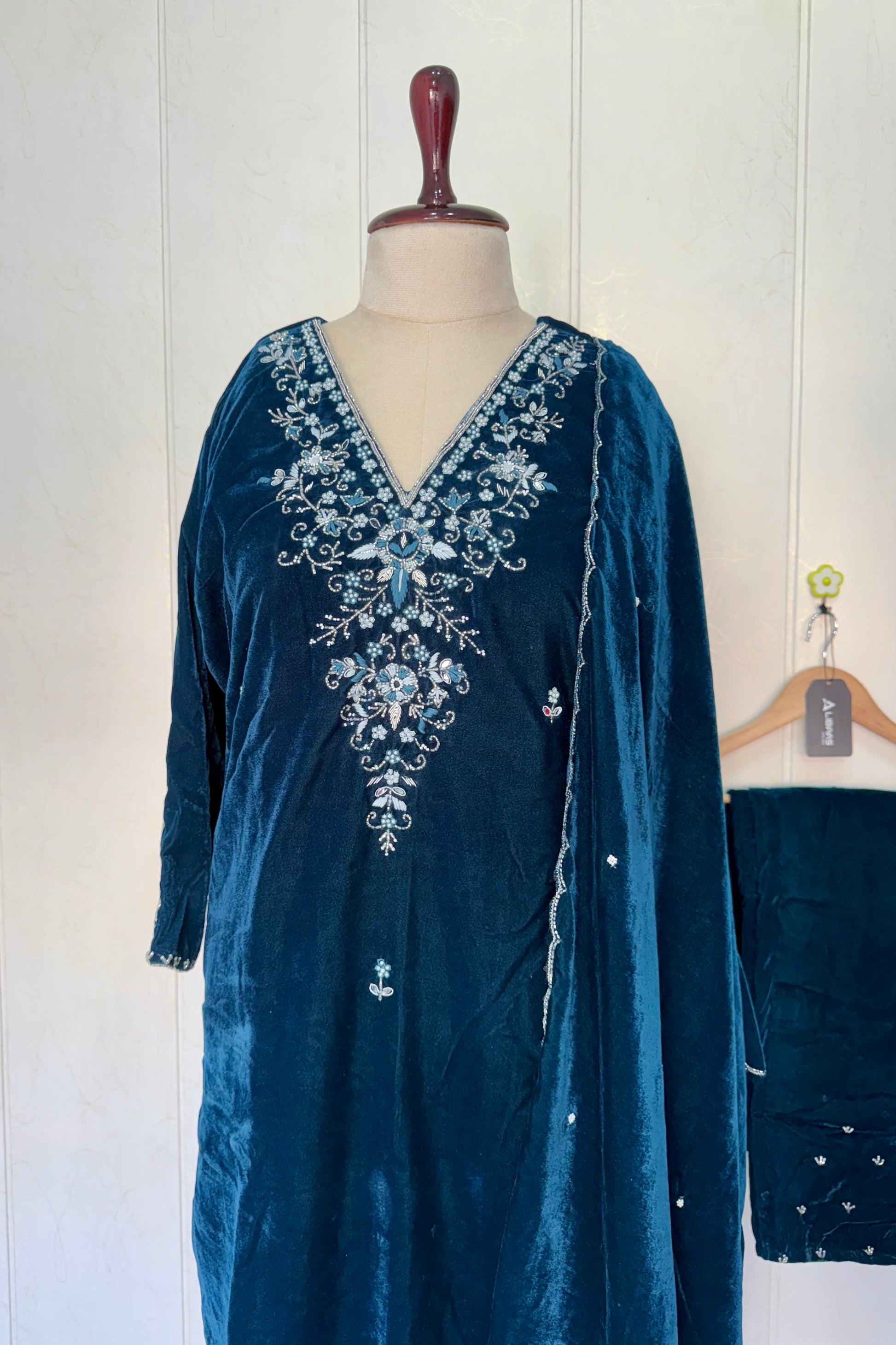 “Kiara” Peacock blue heavy velvet suit set