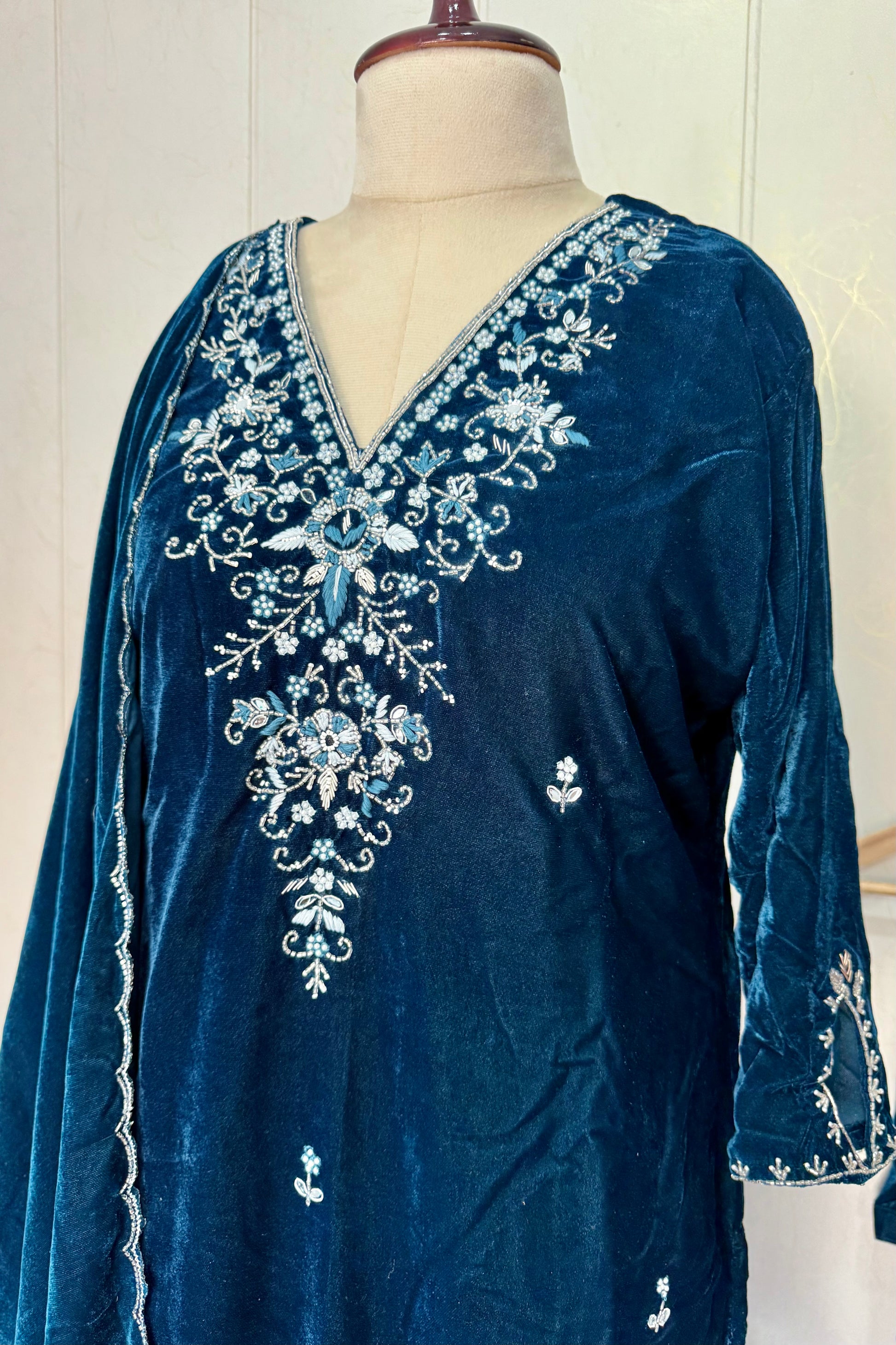 “Kiara” Peacock blue heavy velvet suit set