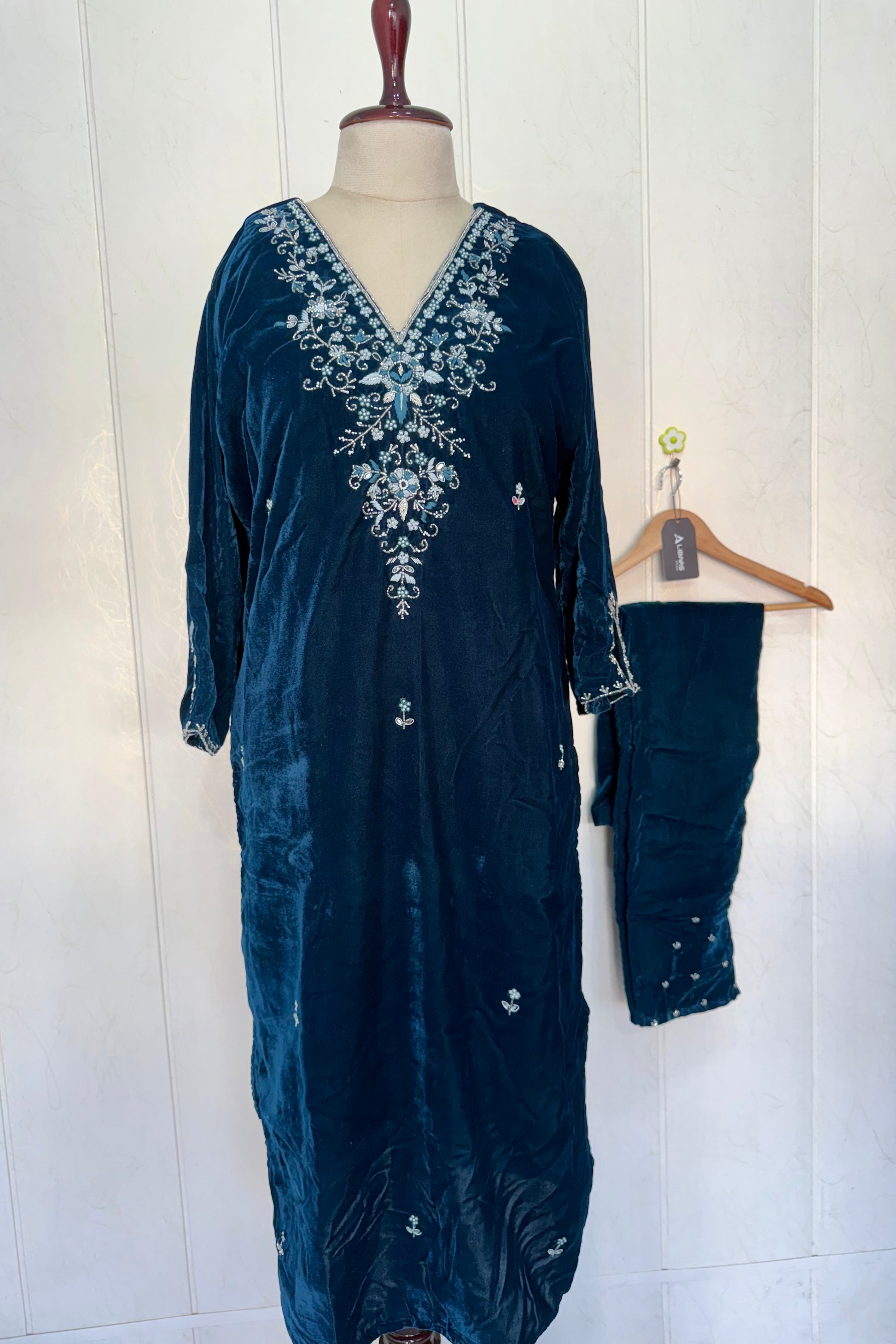“Kiara” Peacock blue heavy velvet suit set