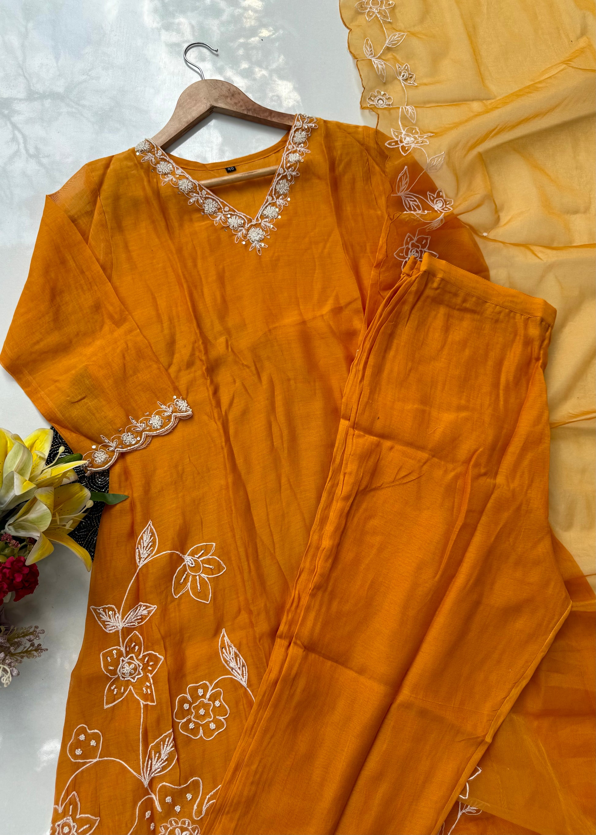“NIMRIT” Orange party wear Mul Chanderi Aline kurta set 🛍️